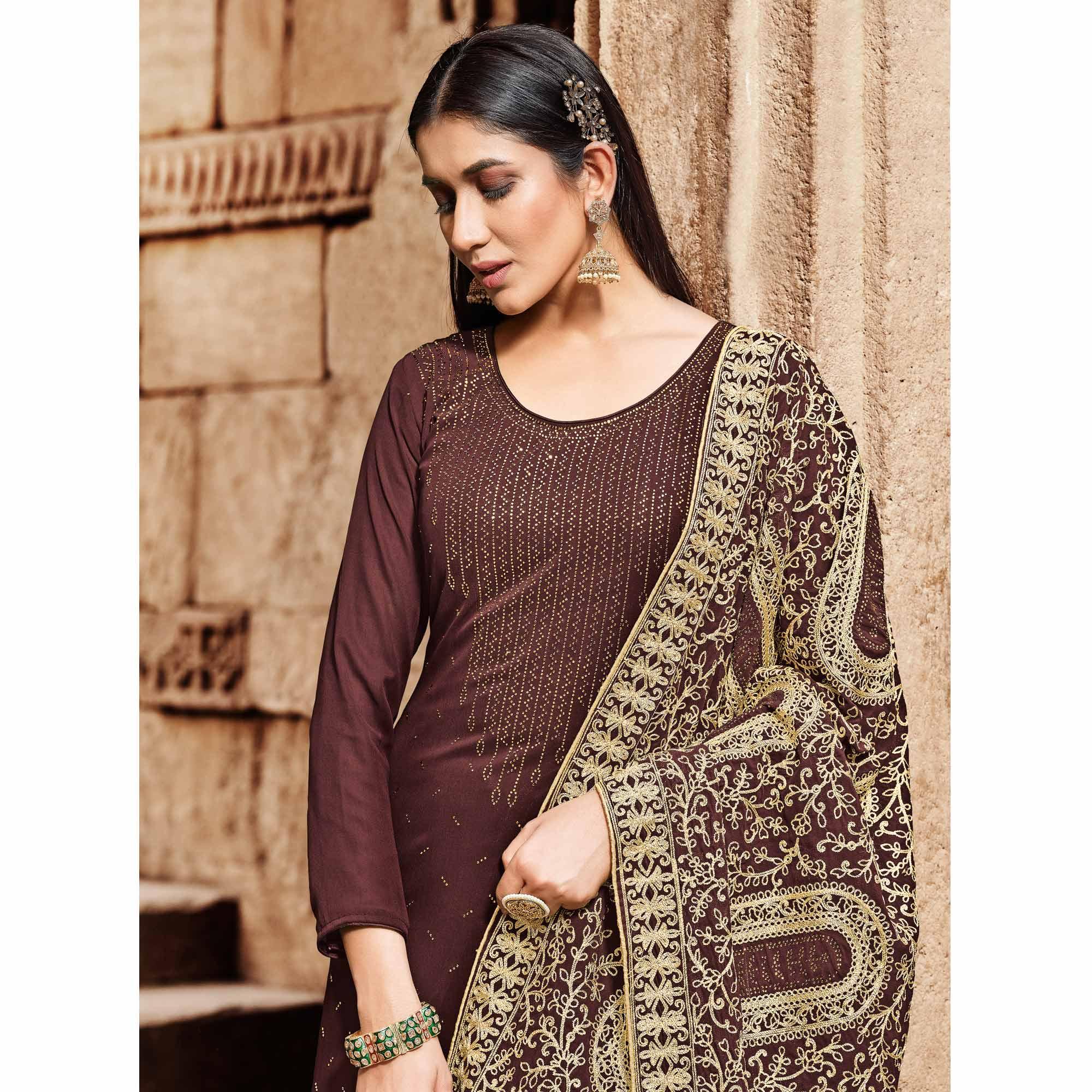 Maroon Partywear Embroidered Georgette Palazzo Suit - Peachmode
