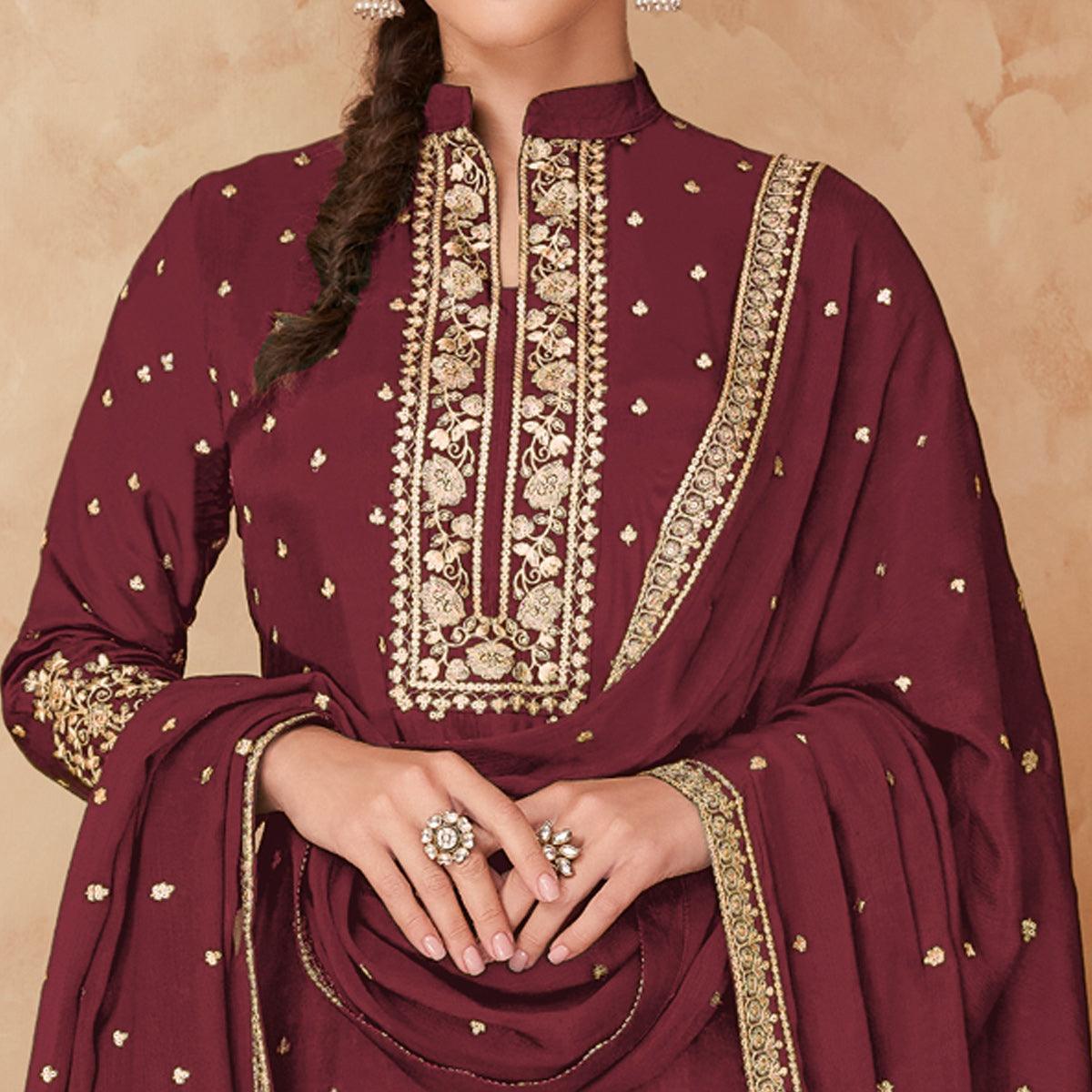 Maroon Partywear Embroidered Georgette Palazzo Suit - Peachmode