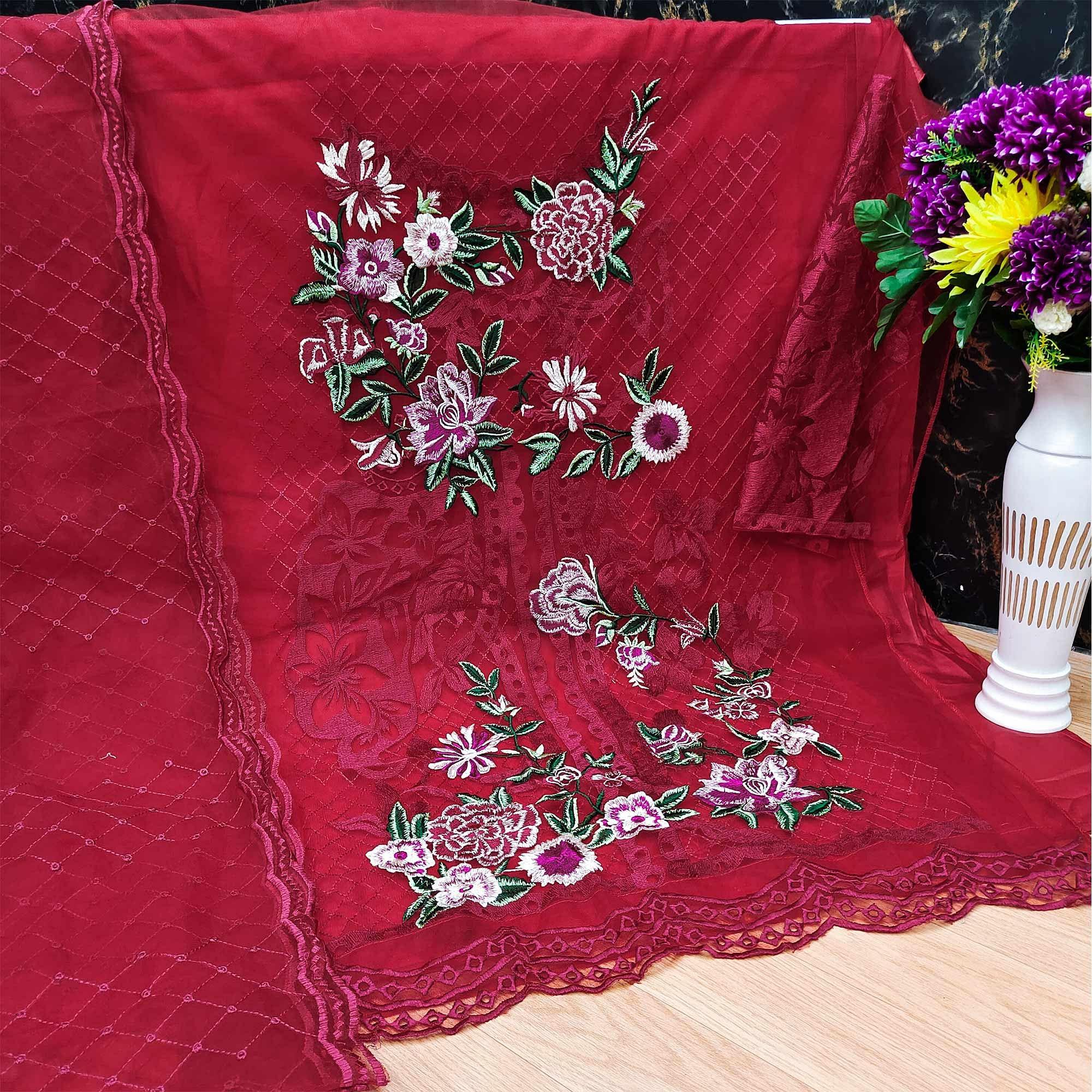 Maroon Partywear Embroidered Heavy Net Pakistani Suit - Peachmode