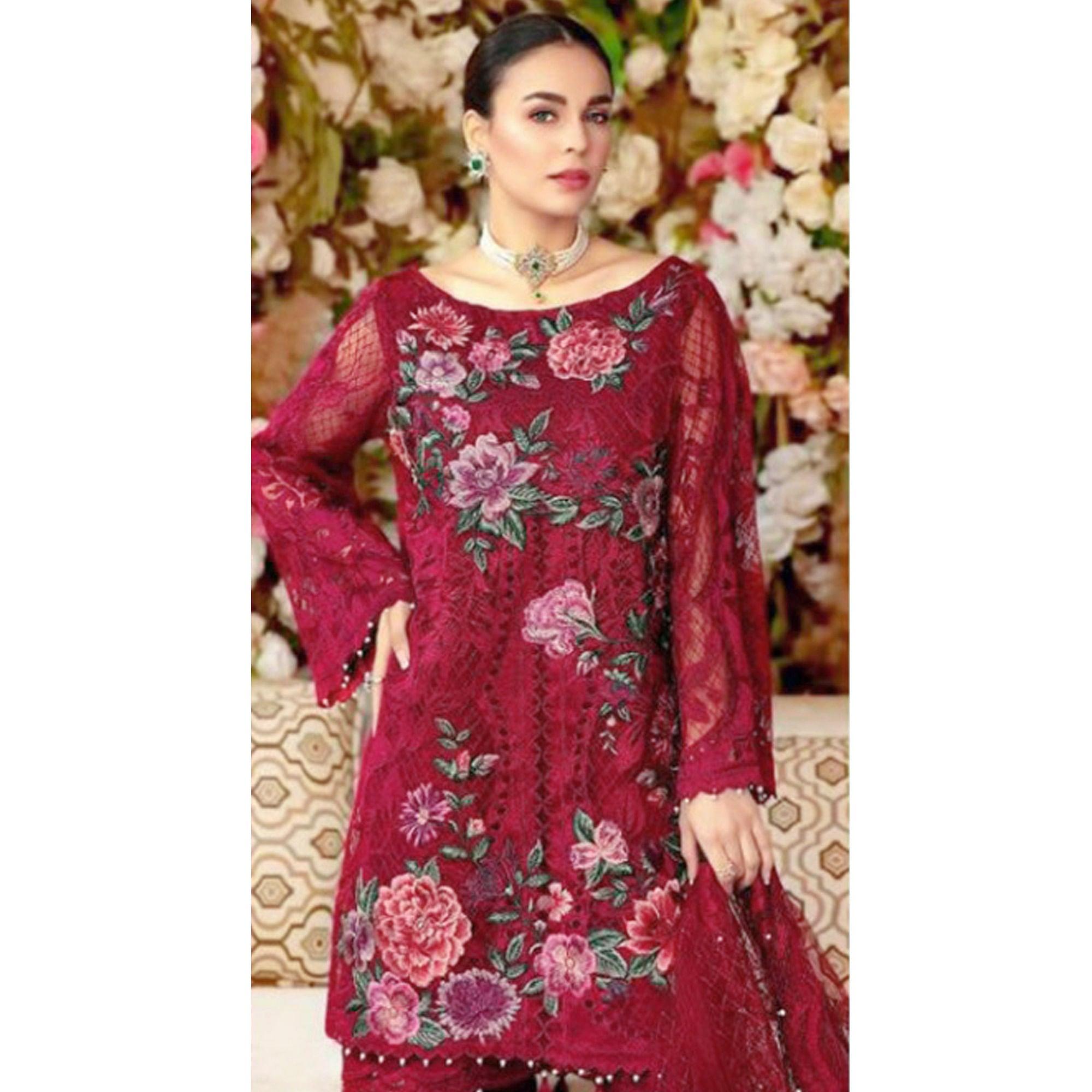Maroon Partywear Embroidered Heavy Net Pakistani Suit - Peachmode