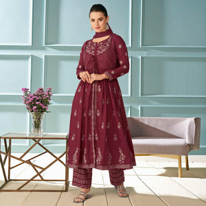 Maroon Partywear Embroidered Rayon Kurti - Palazzo Set With Dupatta - Peachmode