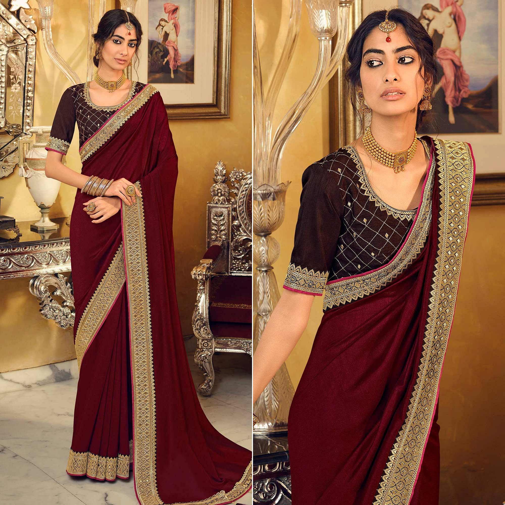 Maroon Partywear Embroidered Silk Saree - Peachmode