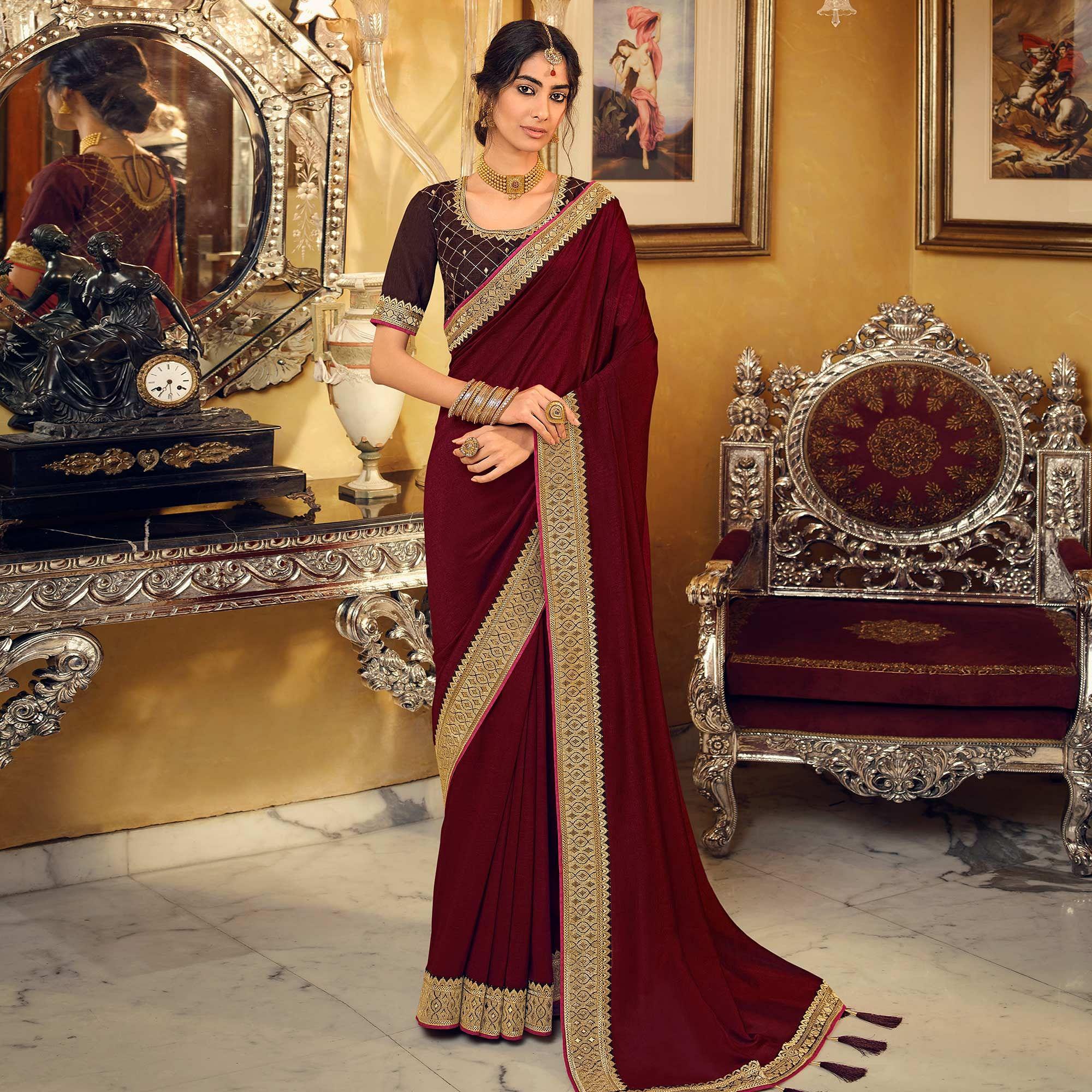 Maroon Partywear Embroidered Silk Saree - Peachmode