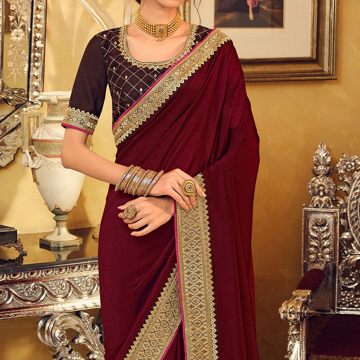 Maroon Partywear Embroidered Silk Saree - Peachmode