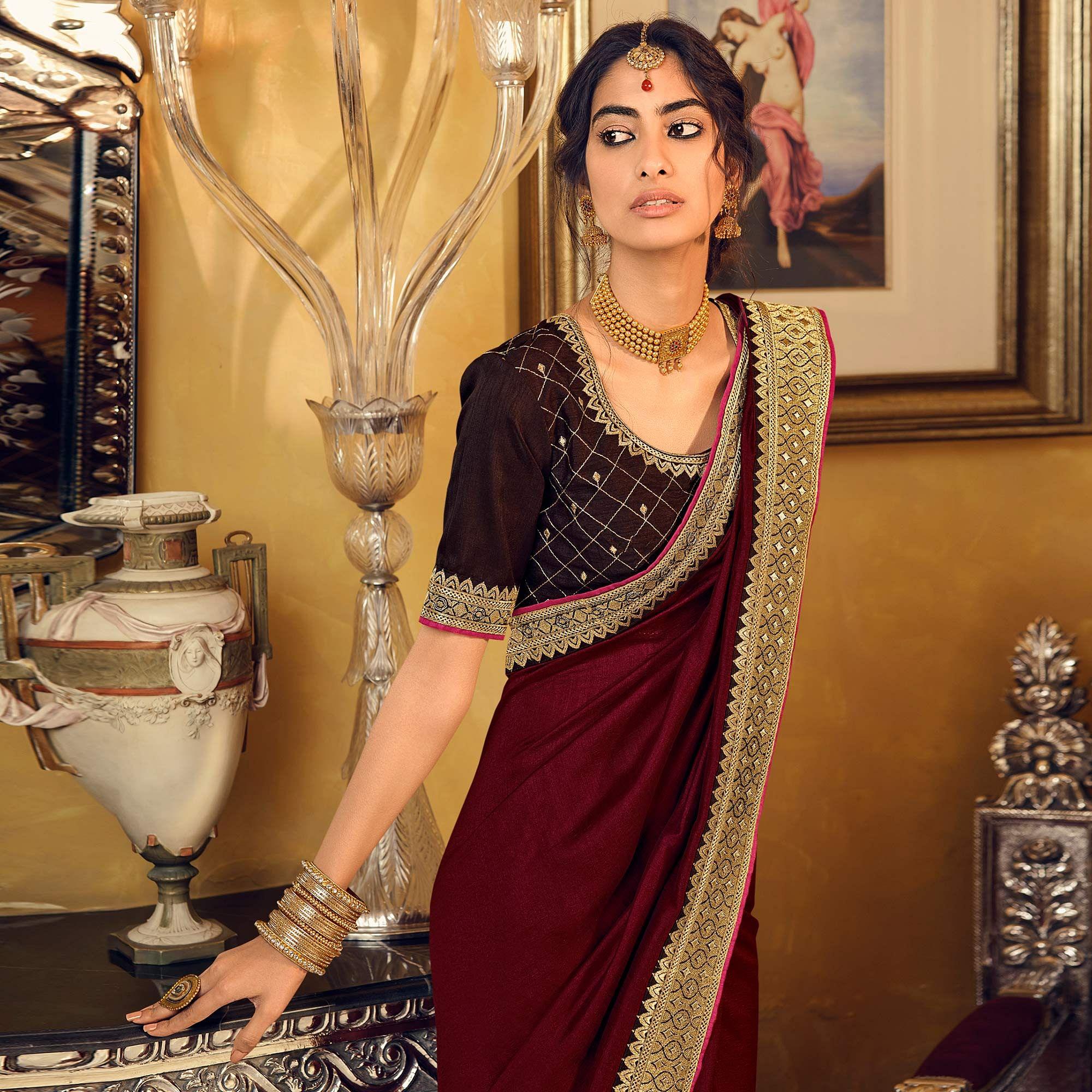 Maroon Partywear Embroidered Silk Saree - Peachmode