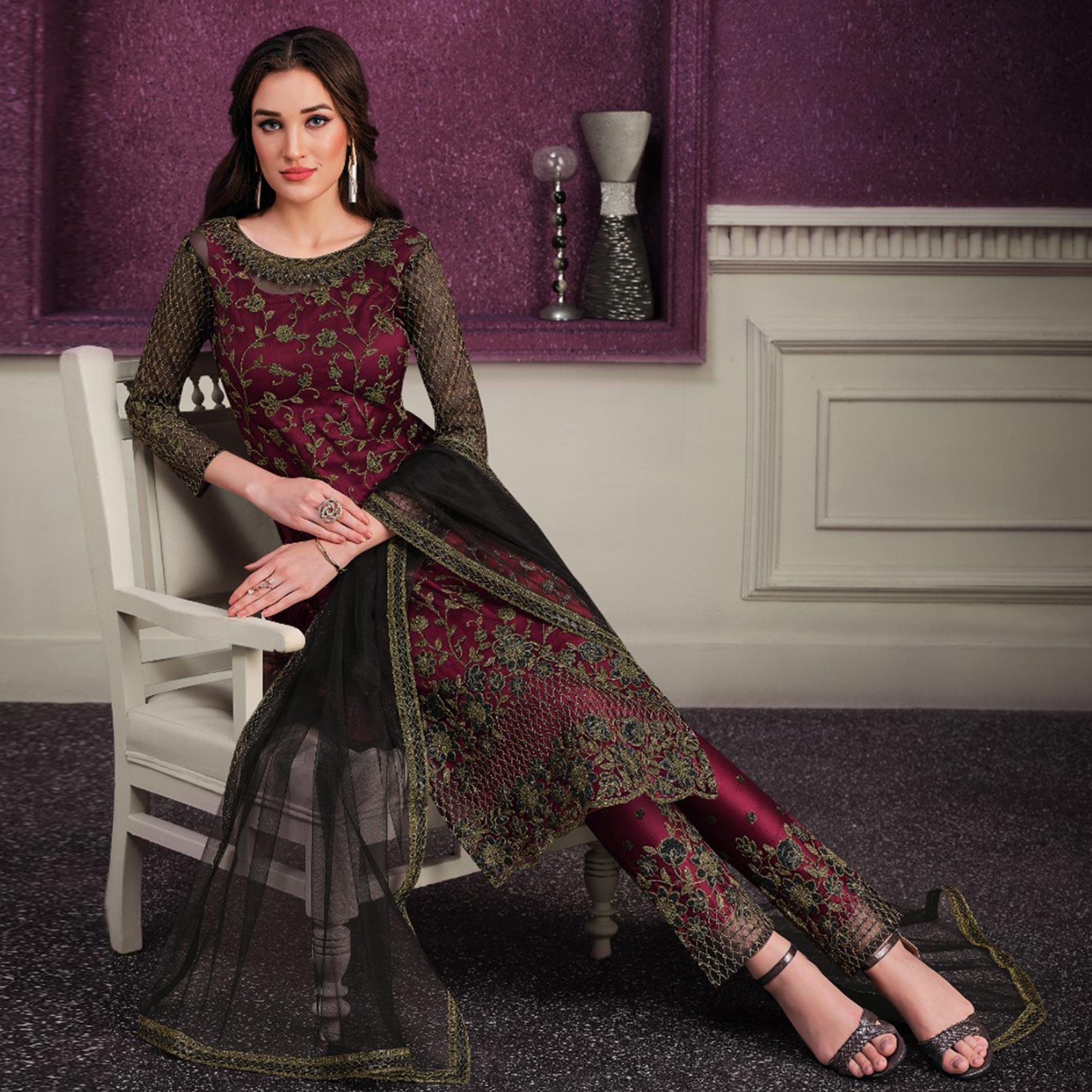 Maroon Partywear Embroidered Soft Net Suit - Peachmode