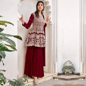 Maroon Partywear Embroidered Viscose Georgette Sharara Suit - Peachmode