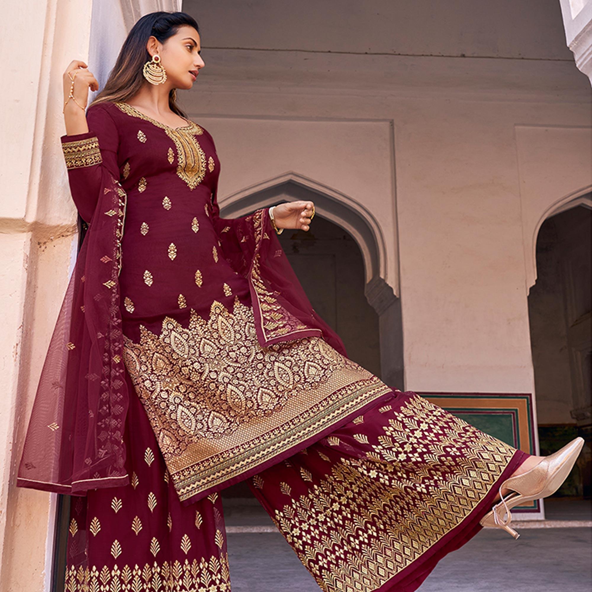 Maroon Partywear Embroidered With Stone Work Dola Jacquard Palazzo Suit - Peachmode