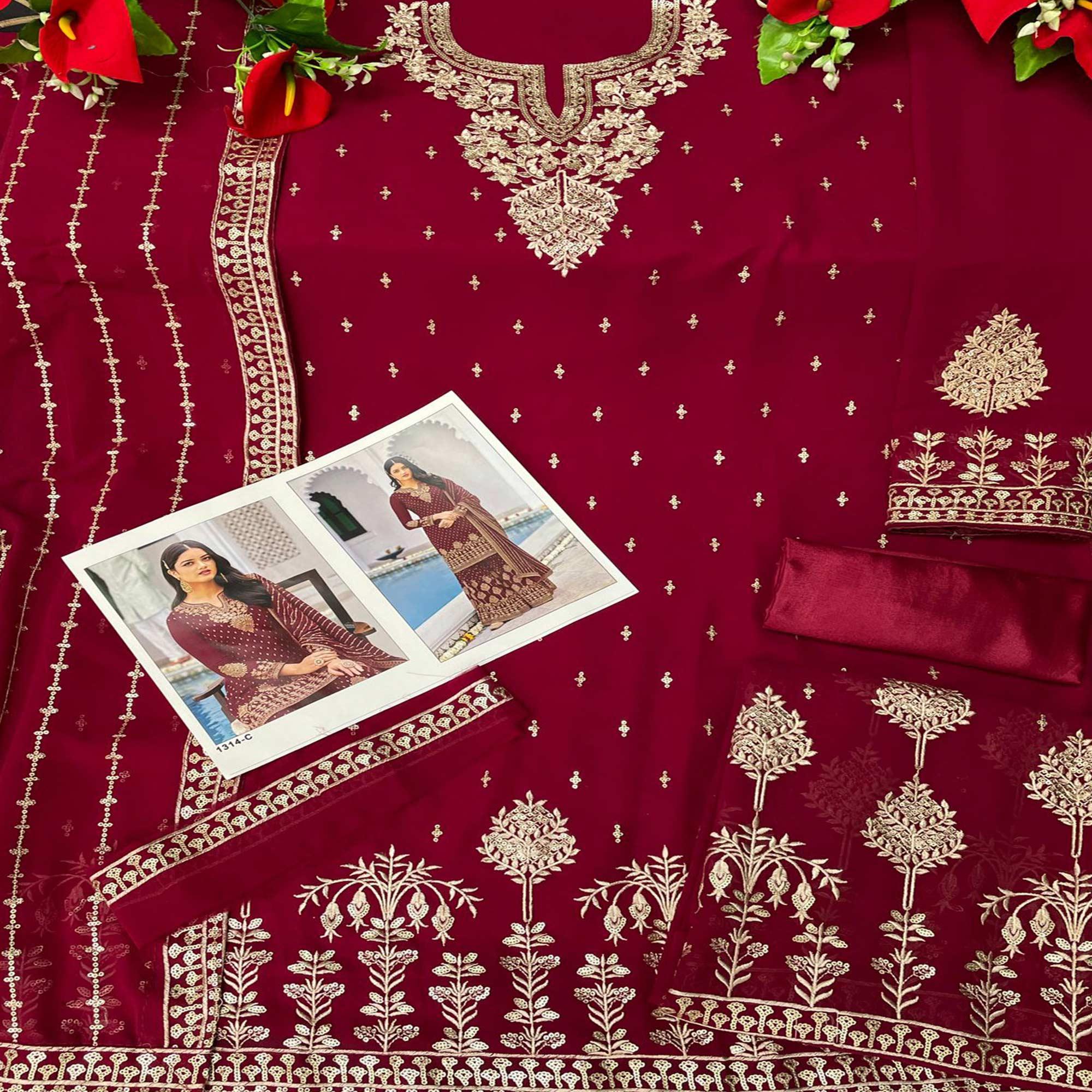 Maroon Partywear Embroidery With Sequence Heavy Faux Georgette Salwar Suit - Peachmode