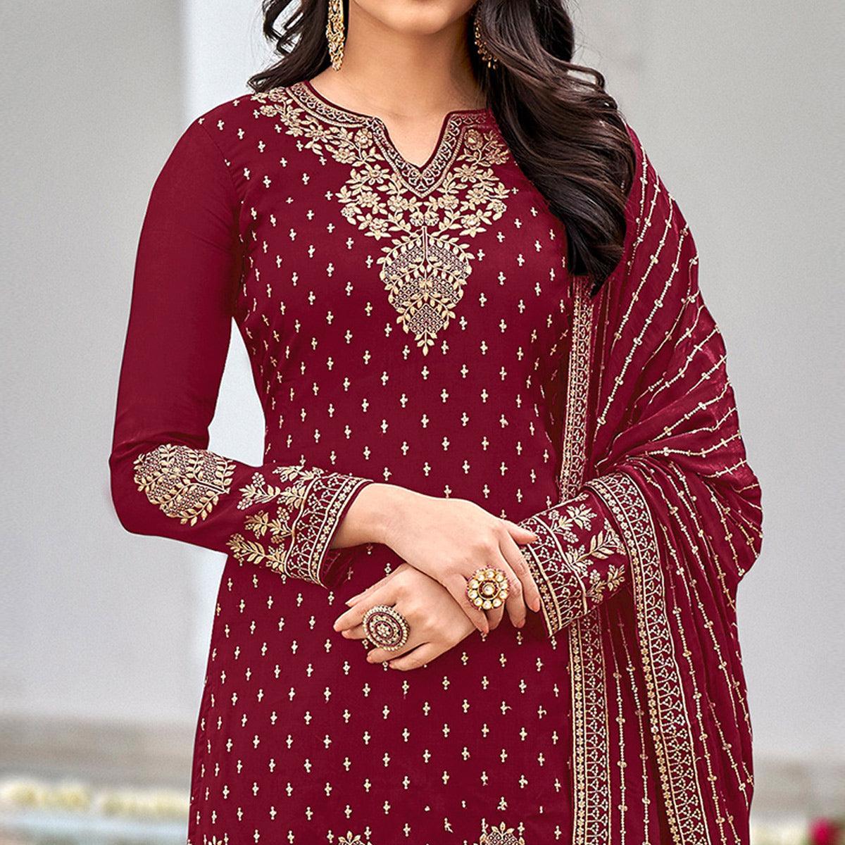 Maroon Partywear Embroidery With Sequence Heavy Faux Georgette Salwar Suit - Peachmode