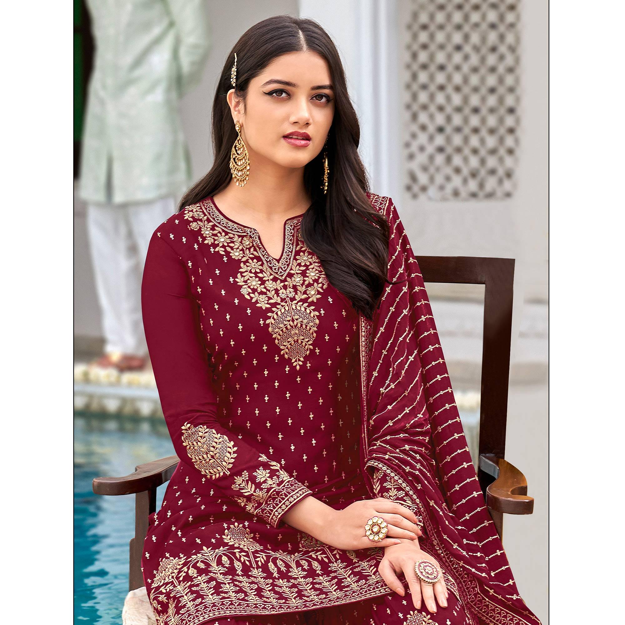 Maroon Partywear Embroidery With Sequence Heavy Faux Georgette Salwar Suit - Peachmode