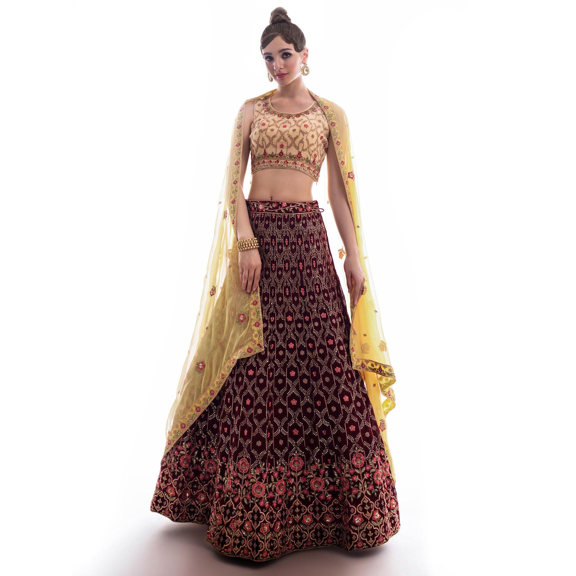 Maroon Partywear Floral Embroidered Georgette Lehenga Choli - Peachmode