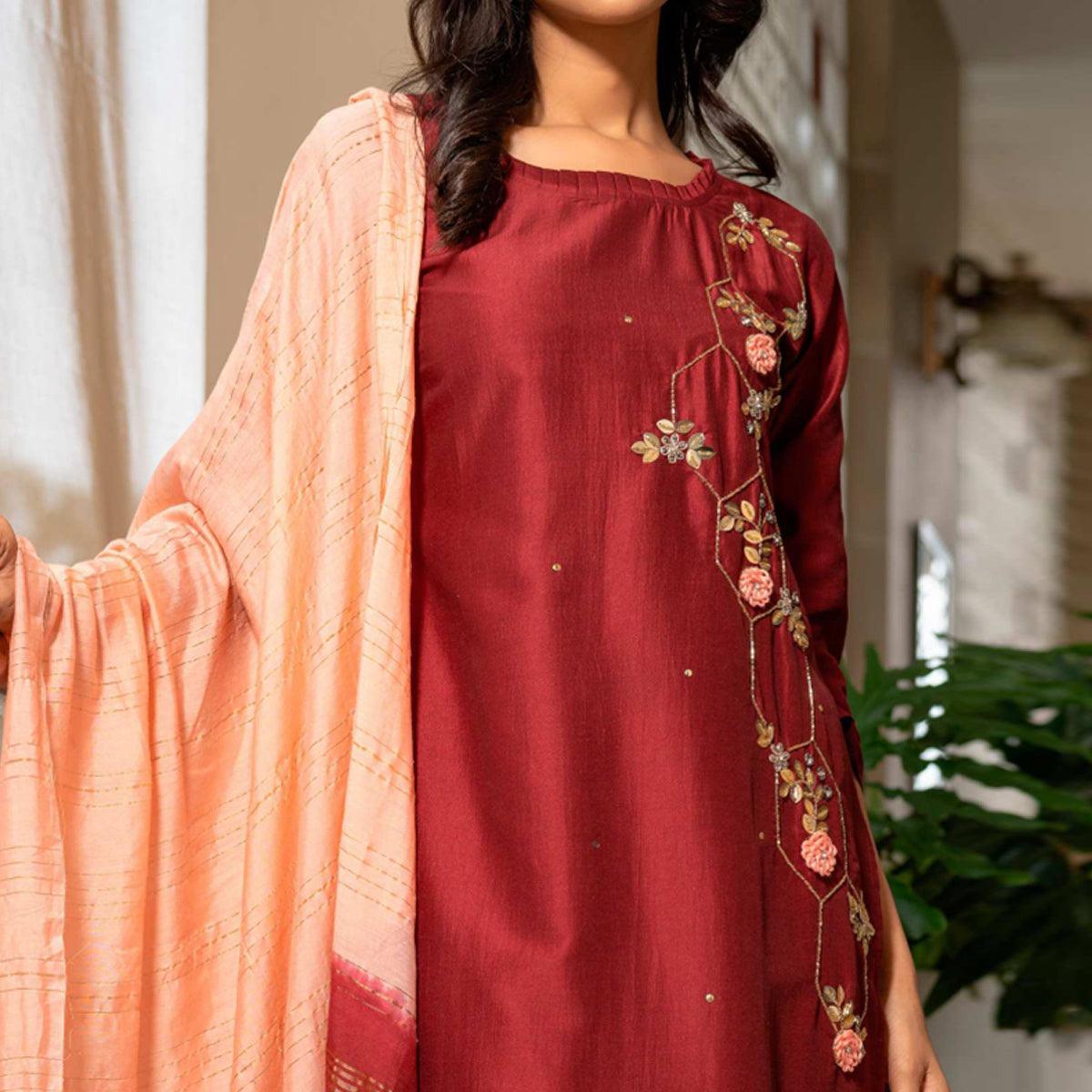 Maroon Partywear Floral Embroidered Georgette Suit - Peachmode