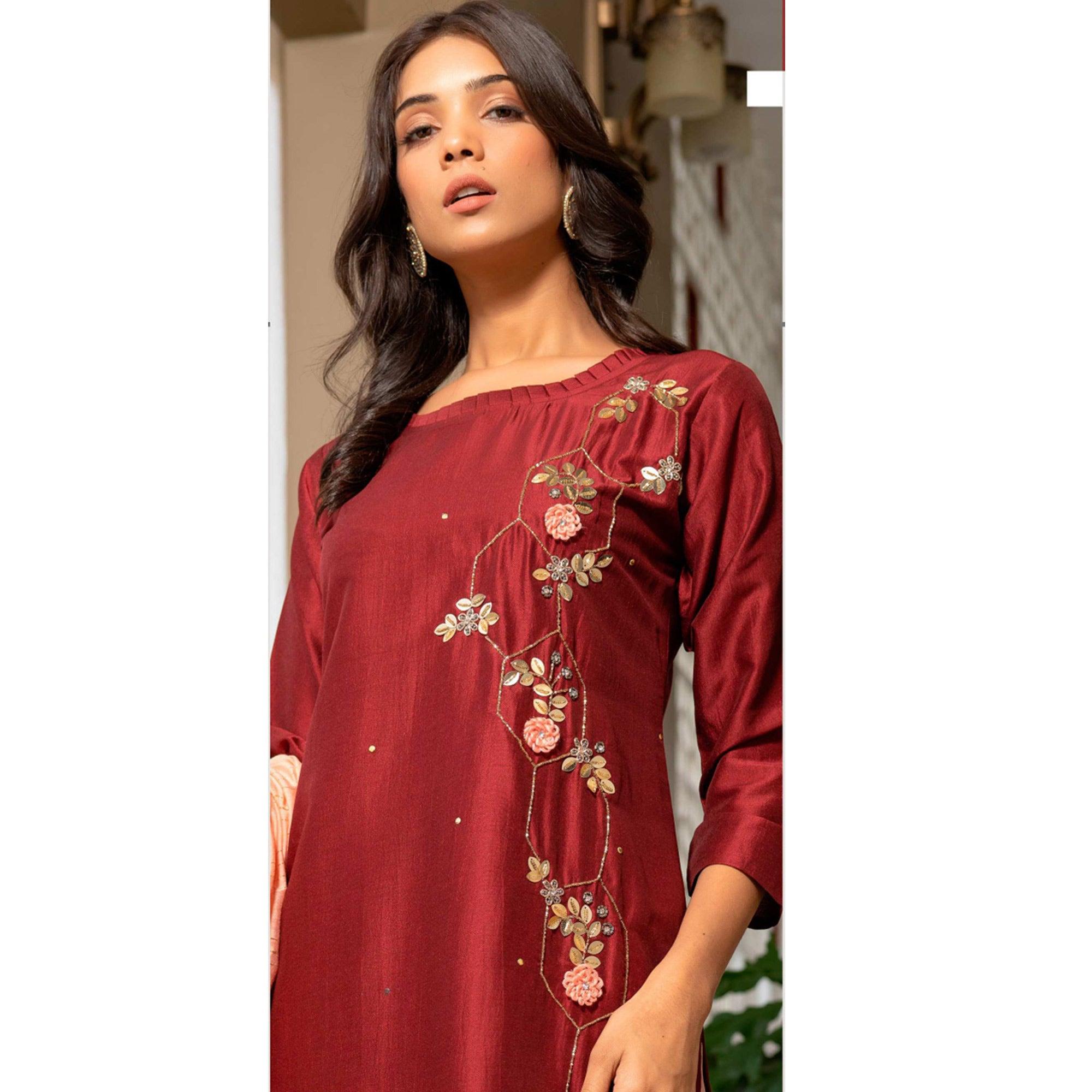 Maroon Partywear Floral Embroidered Georgette Suit - Peachmode