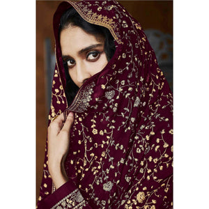 Maroon Partywear Floral Sequins Embroidery Georgette Palazzo Suit - Peachmode
