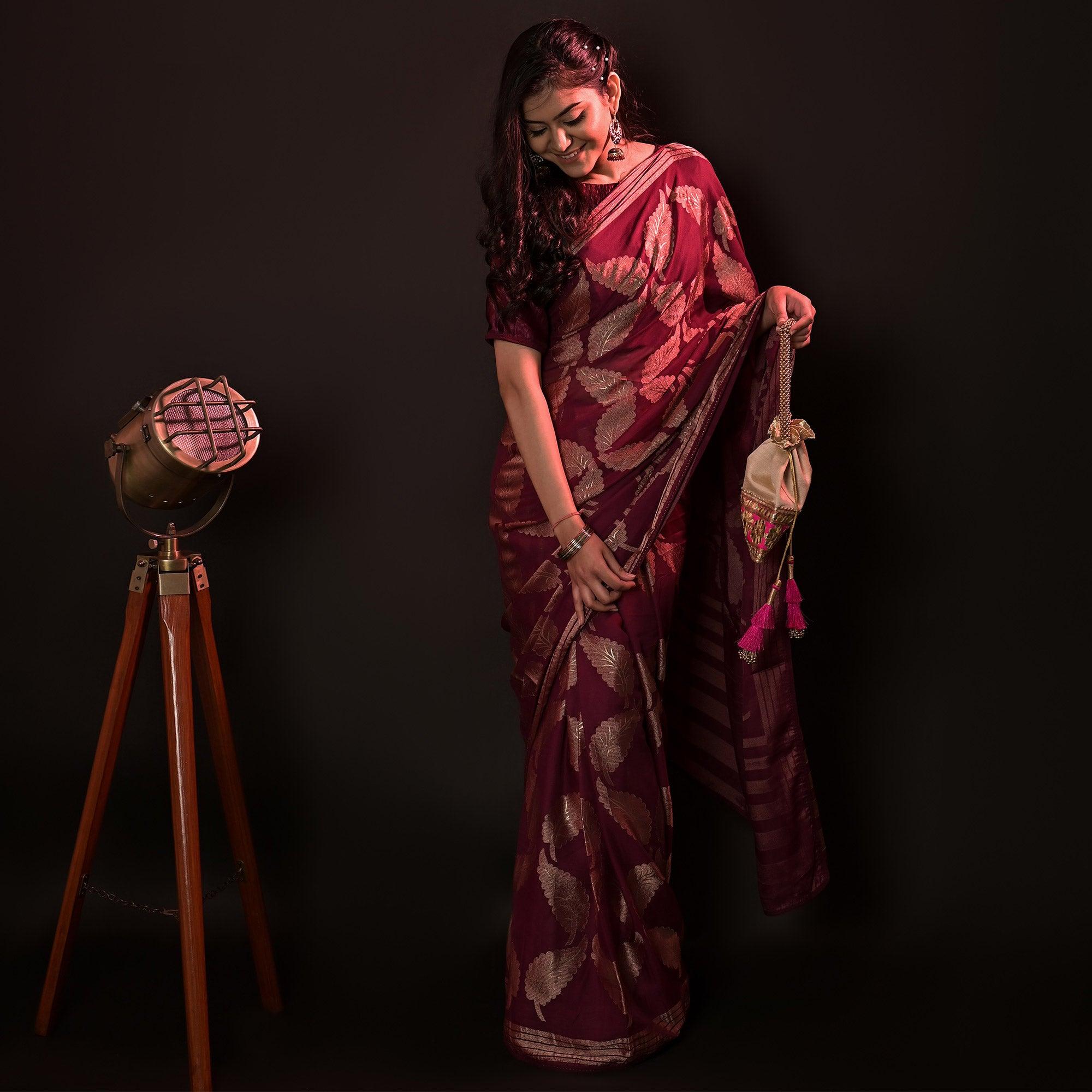 Maroon Partywear Foil Printed Diamond Lace Brasso Saree - Peachmode