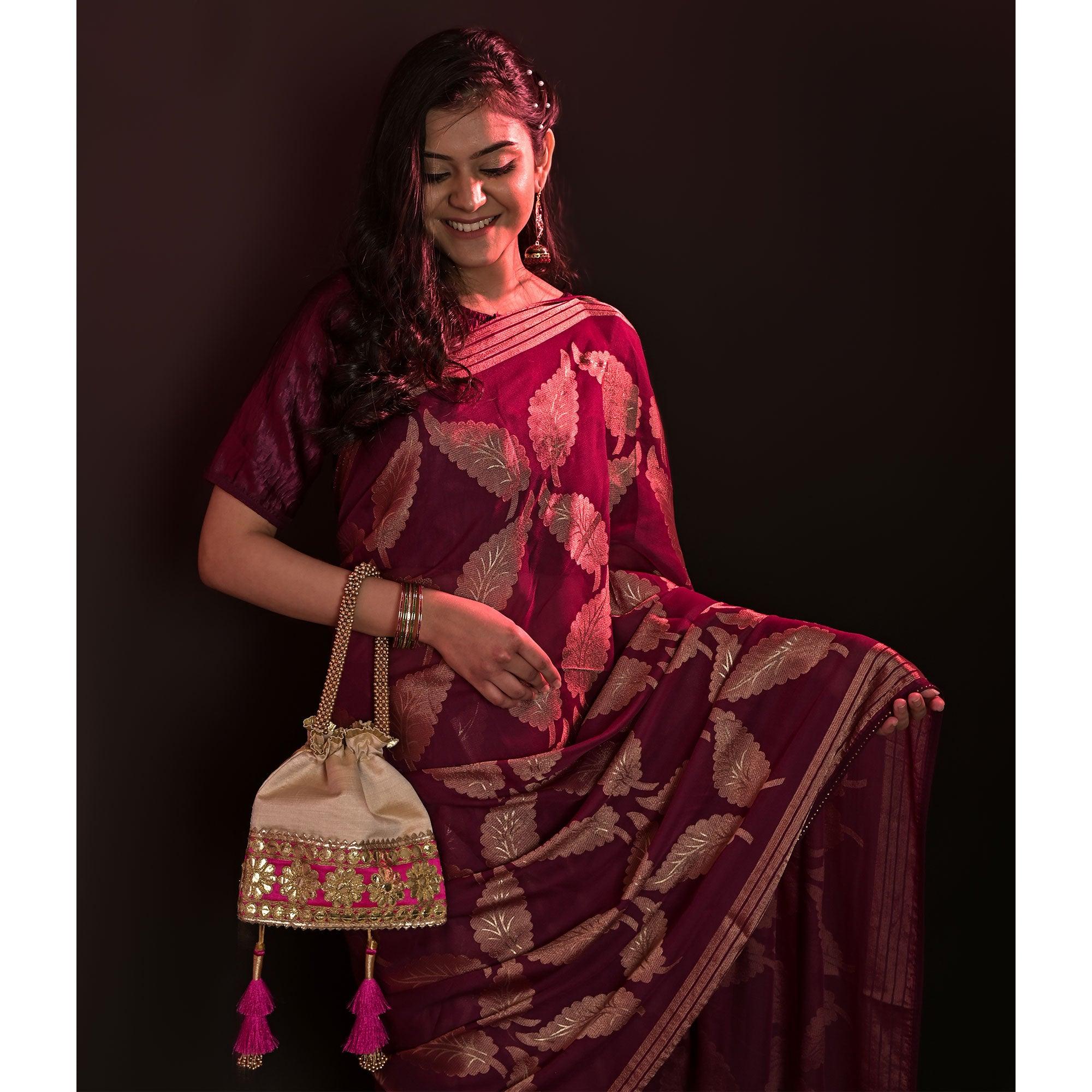 Maroon Partywear Foil Printed Diamond Lace Brasso Saree - Peachmode