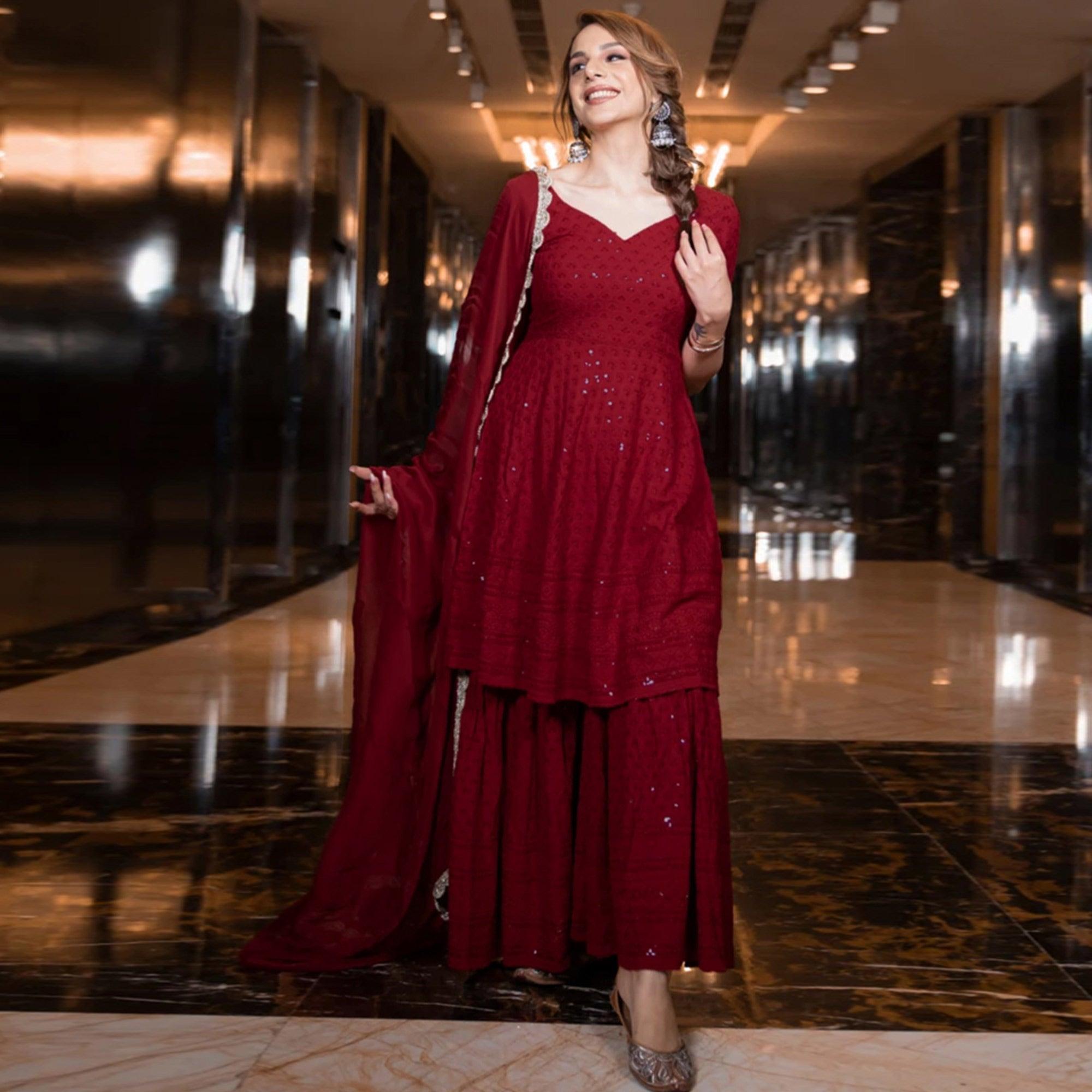 Maroon Partywear Lucknowi Chikankari Rayon Sharara Suit - Peachmode