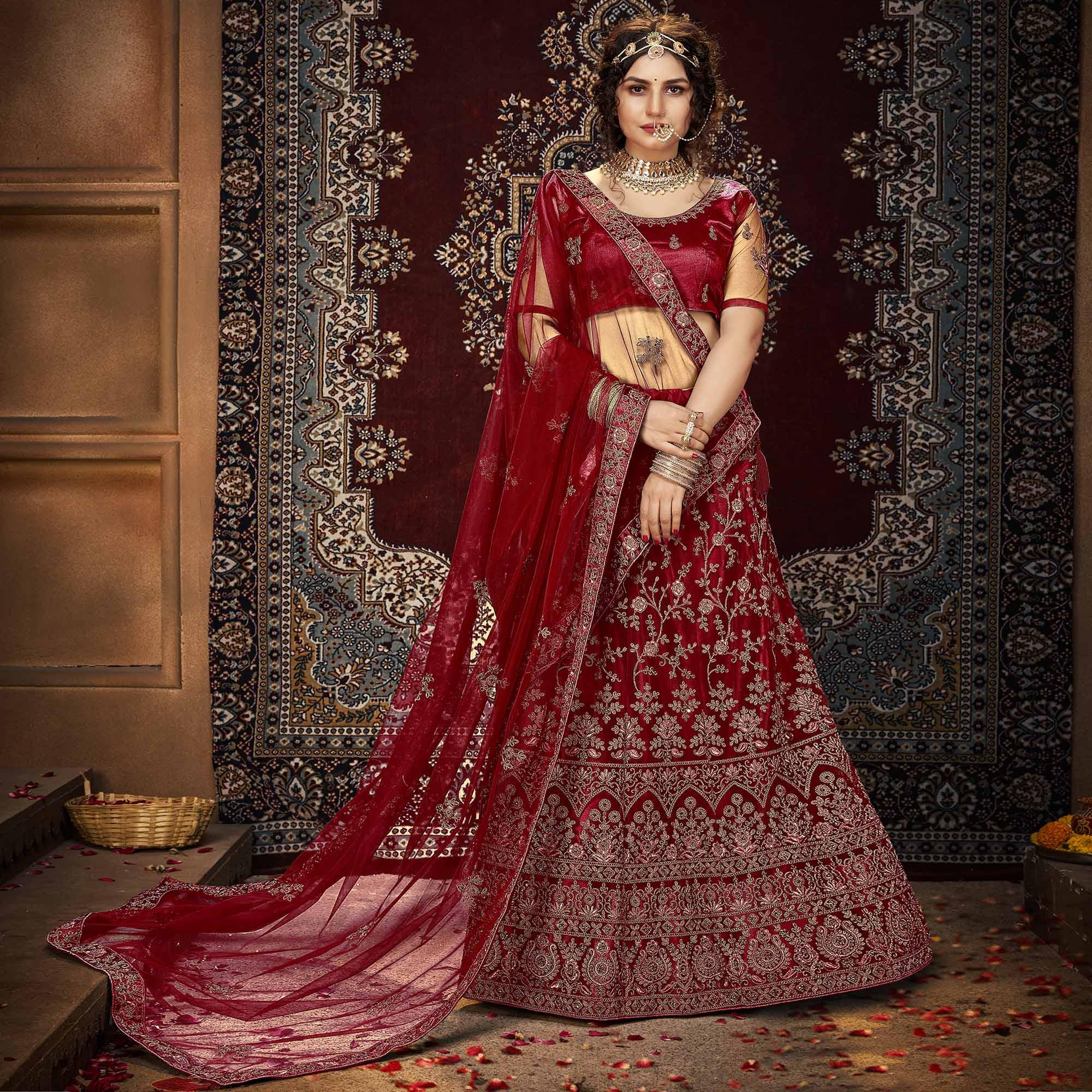Maroon Partywear Multi Sequence Embroidered Net Lehenga Choli - Peachmode