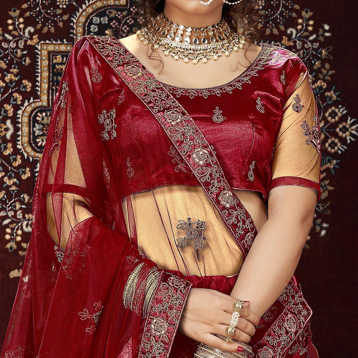 Maroon Partywear Multi Sequence Embroidered Net Lehenga Choli - Peachmode