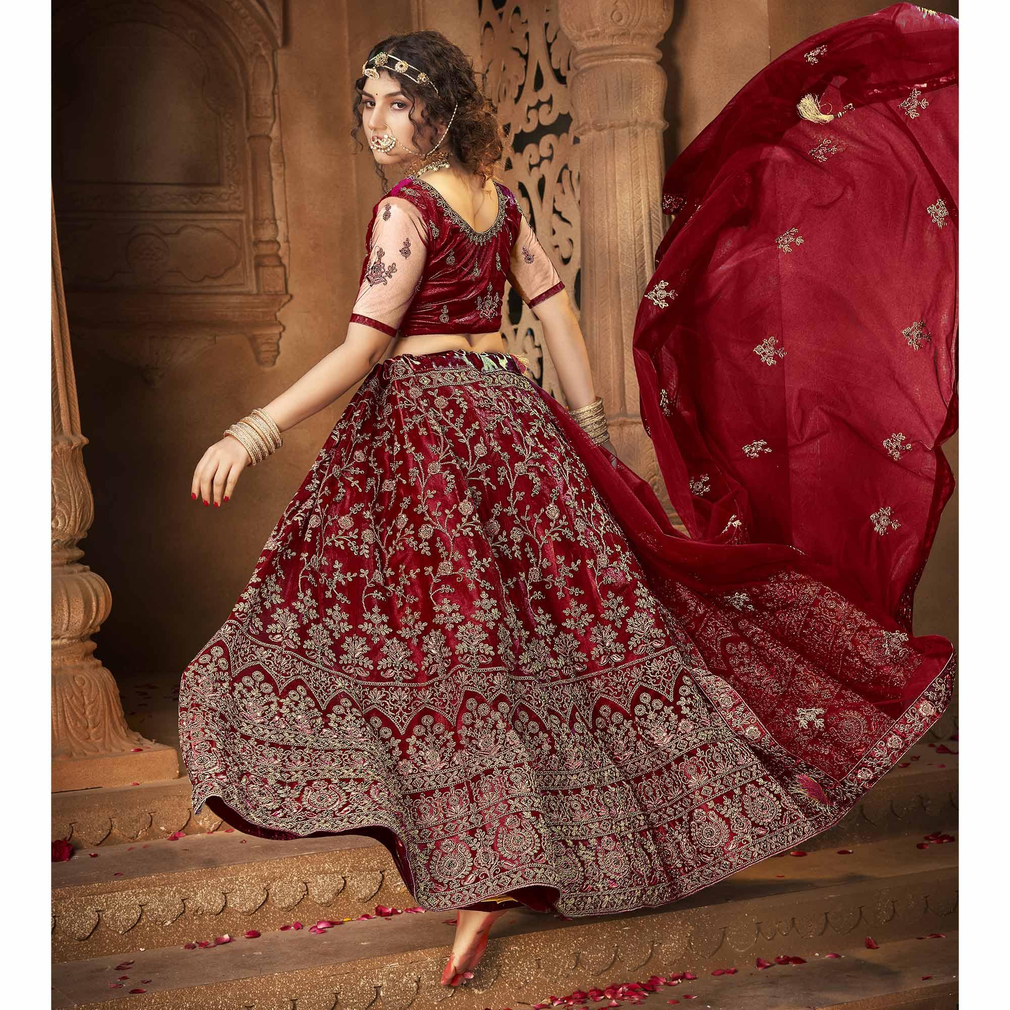 Maroon Partywear Multi Sequence Embroidered Net Lehenga Choli - Peachmode