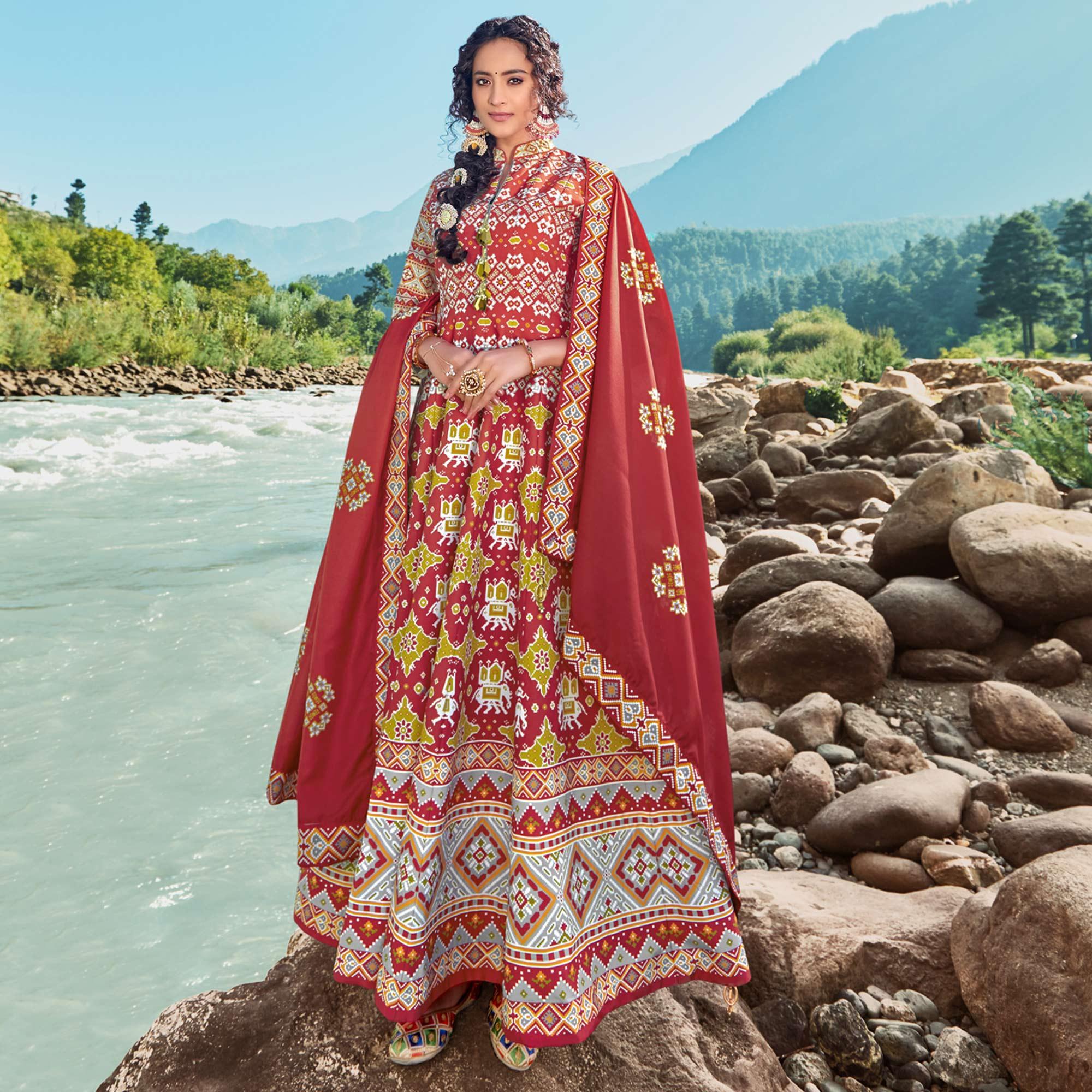 Maroon Partywear Patola Digital Printed Killer Silk Anarkali Suit - Peachmode