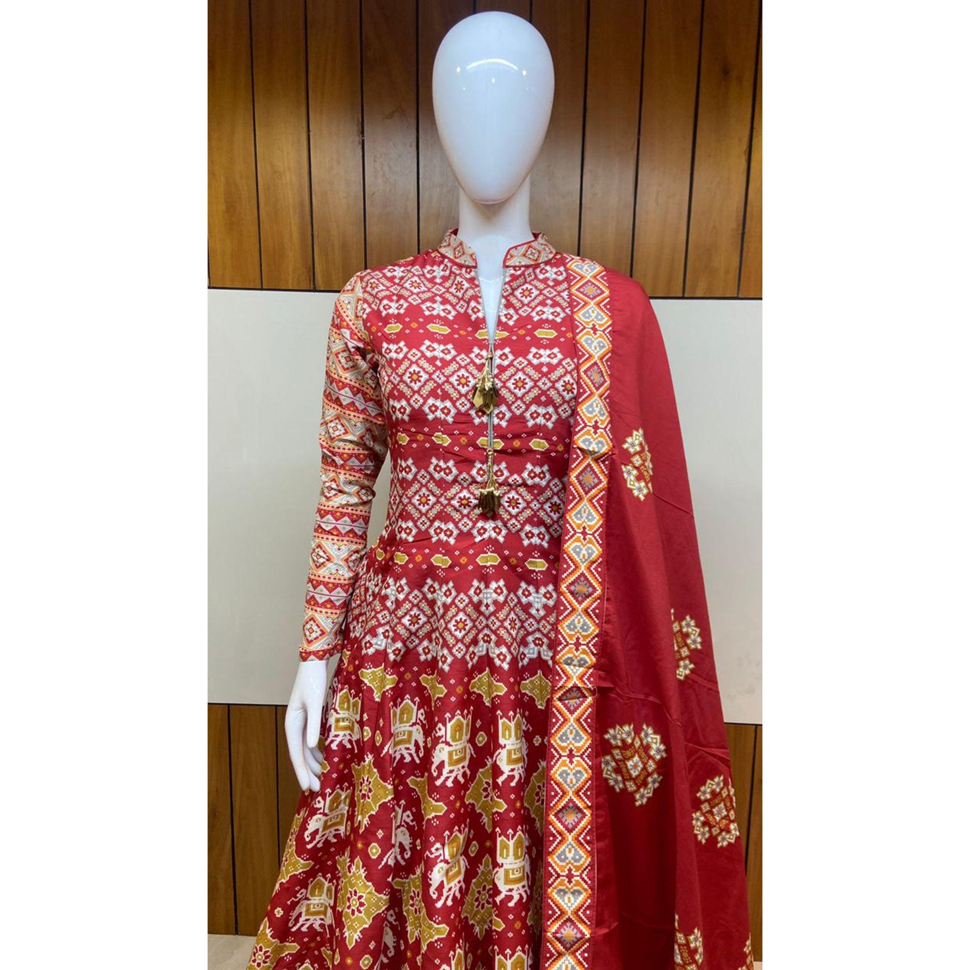 Maroon Partywear Patola Digital Printed Killer Silk Anarkali Suit - Peachmode