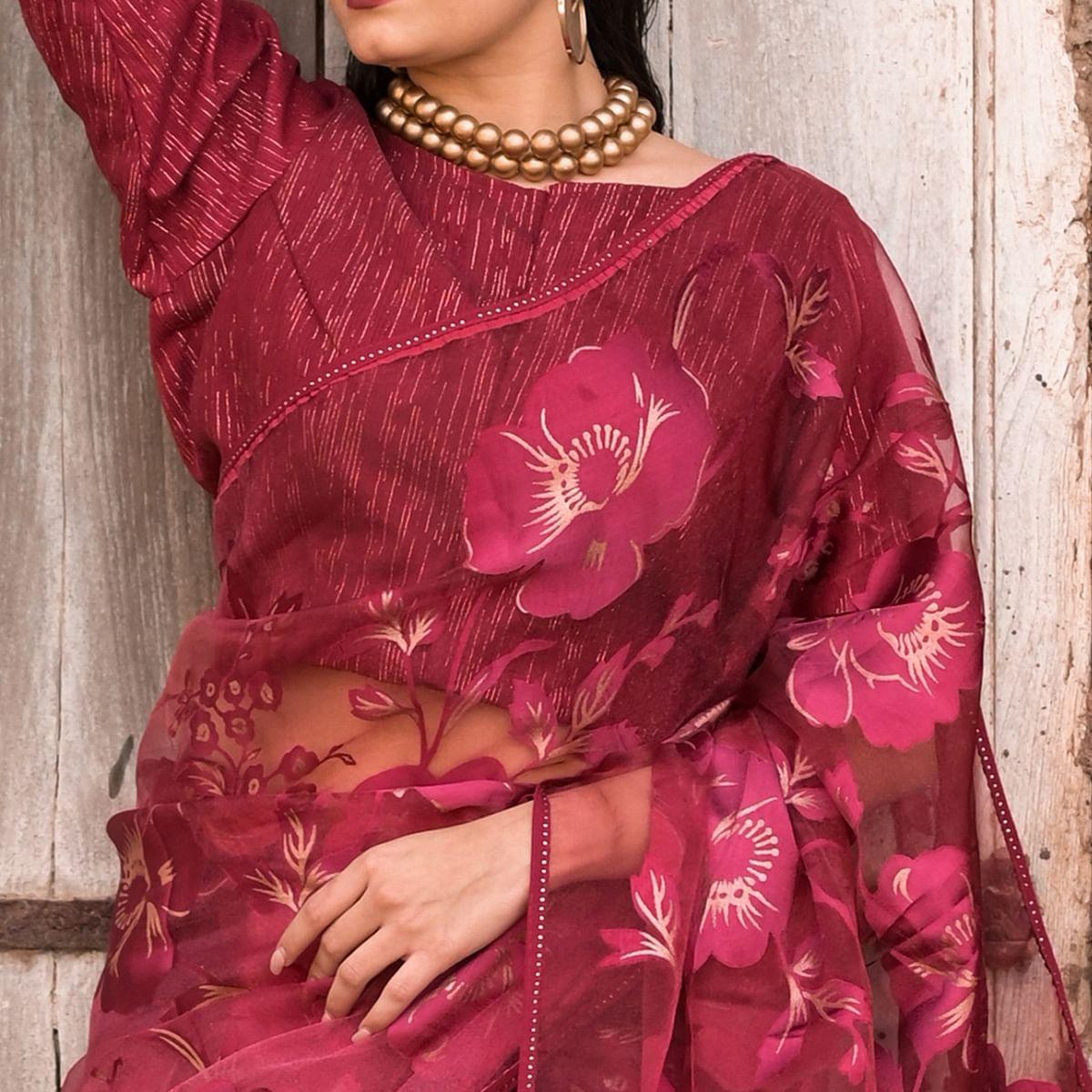 Maroon Partywear Piping Stone Velvet Zari Organza Saree - Peachmode