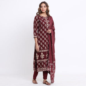 Maroon Partywear Printed With Gotta Patti Cotton Kurti Pant Set With Dupatta - Peachmode
