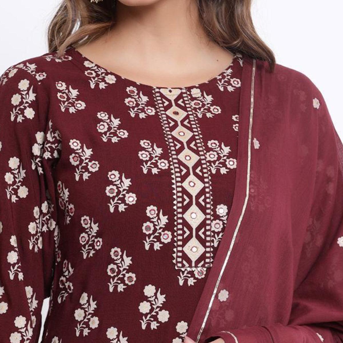 Maroon Partywear Printed With Gotta Patti Cotton Kurti Pant Set With Dupatta - Peachmode