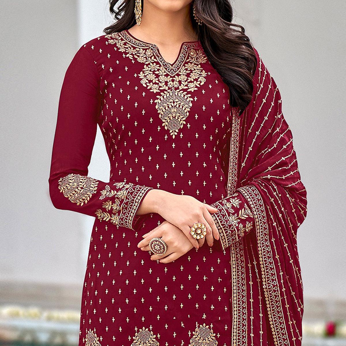 Maroon Partywear Sequence & Embroidered Faux Georgette Salwar Suit - Peachmode