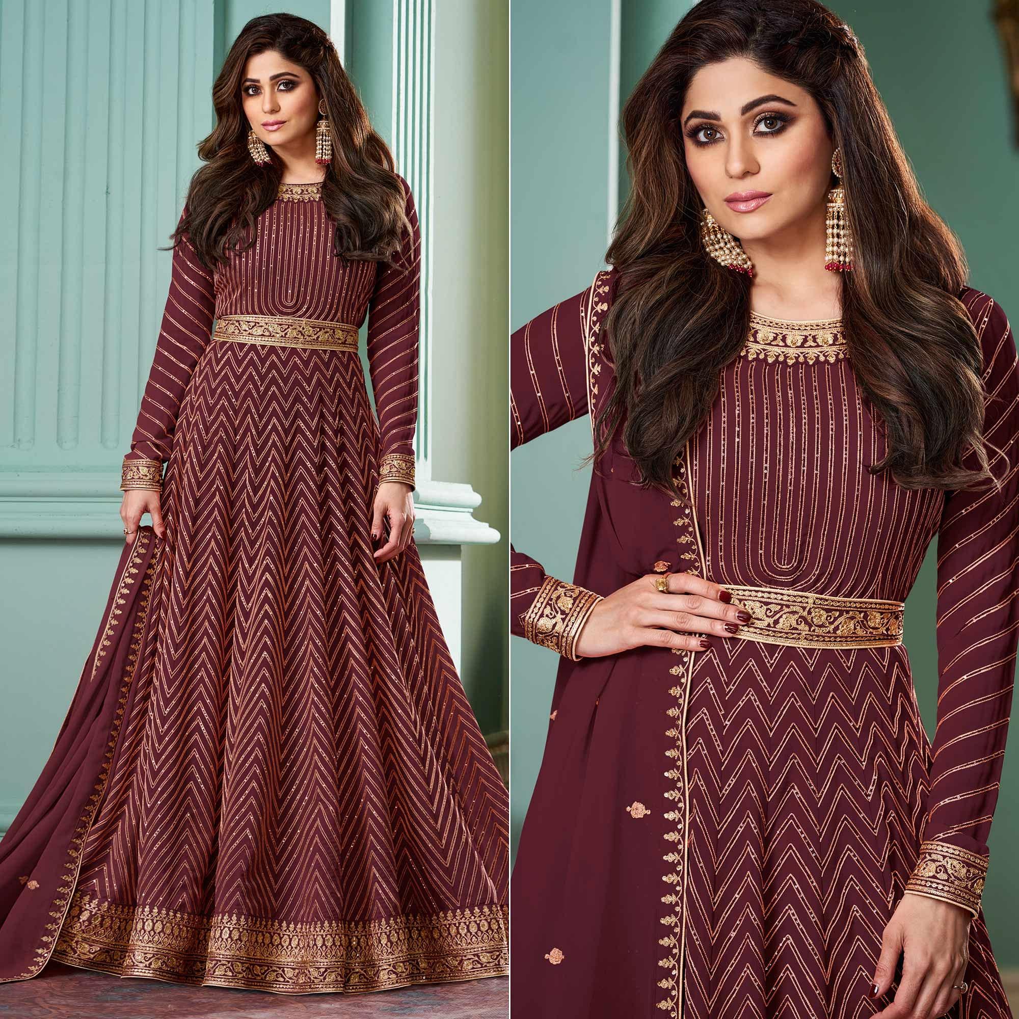 Maroon Partywear Sequence Embroidered Georgette Gown - Peachmode