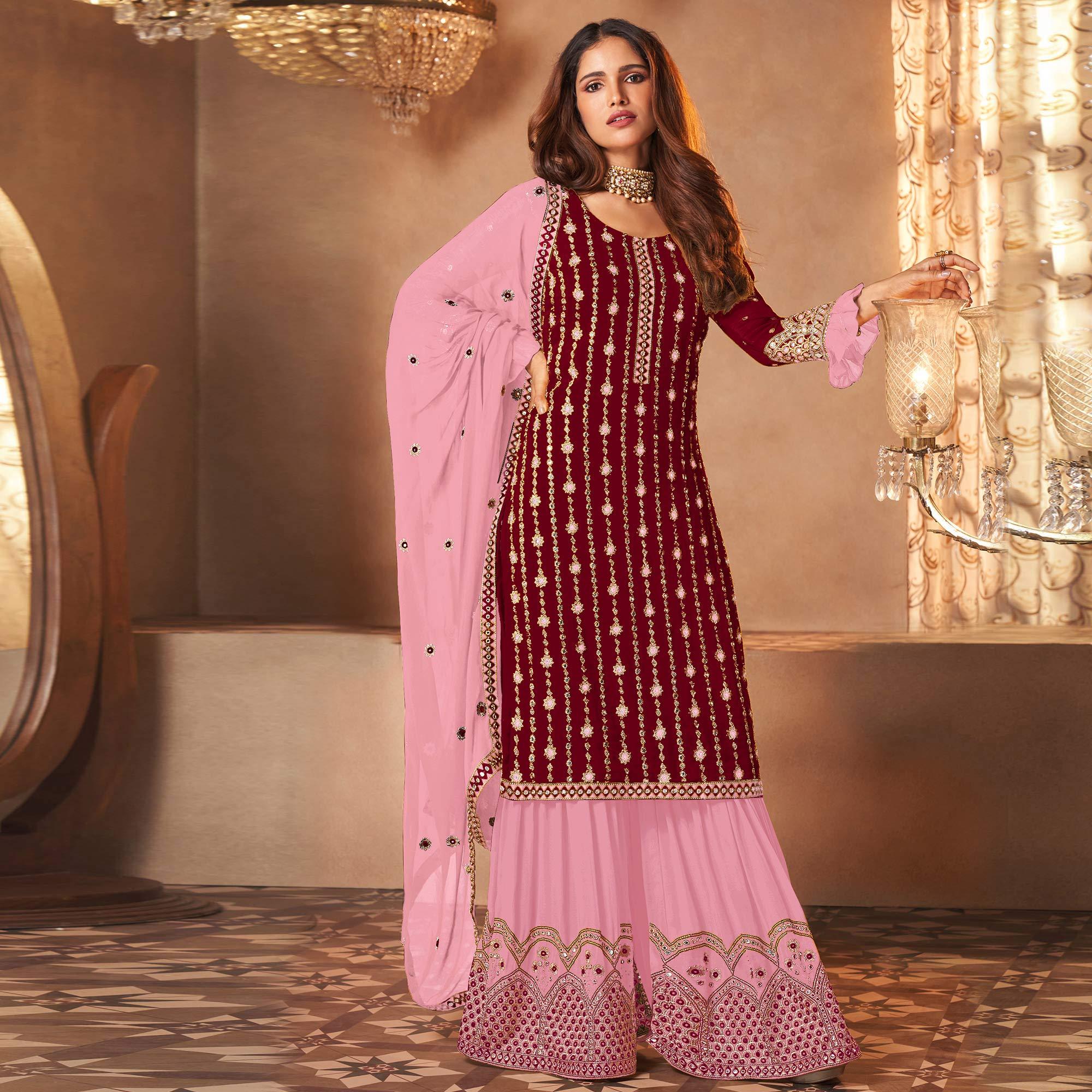 Maroon Partywear Sequence Embroidered Georgette Palazzo Suit - Peachmode