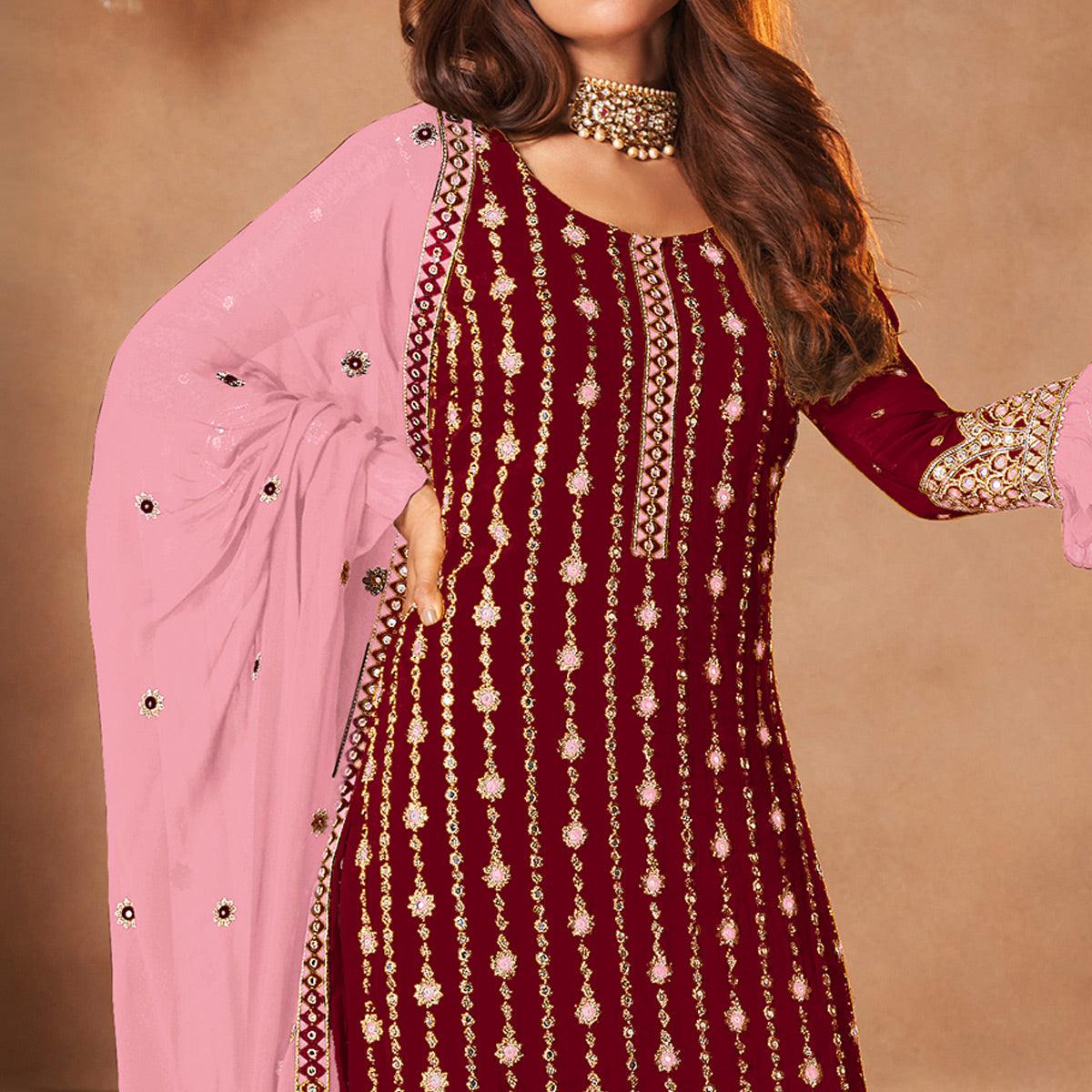 Maroon Partywear Sequence Embroidered Georgette Palazzo Suit - Peachmode