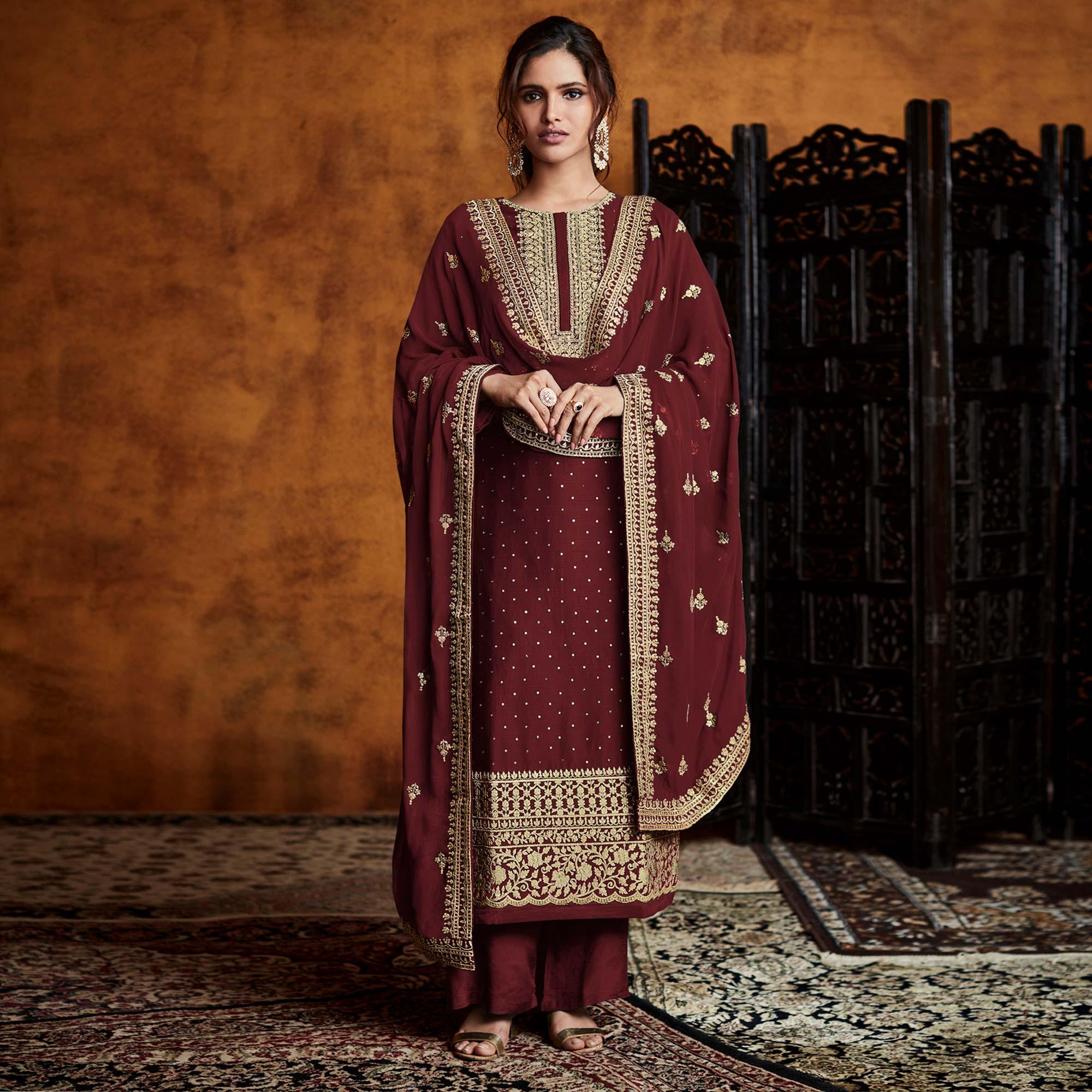 Maroon Partywear Sequence Embroidered Real Georgette Palazzo Suit - Peachmode