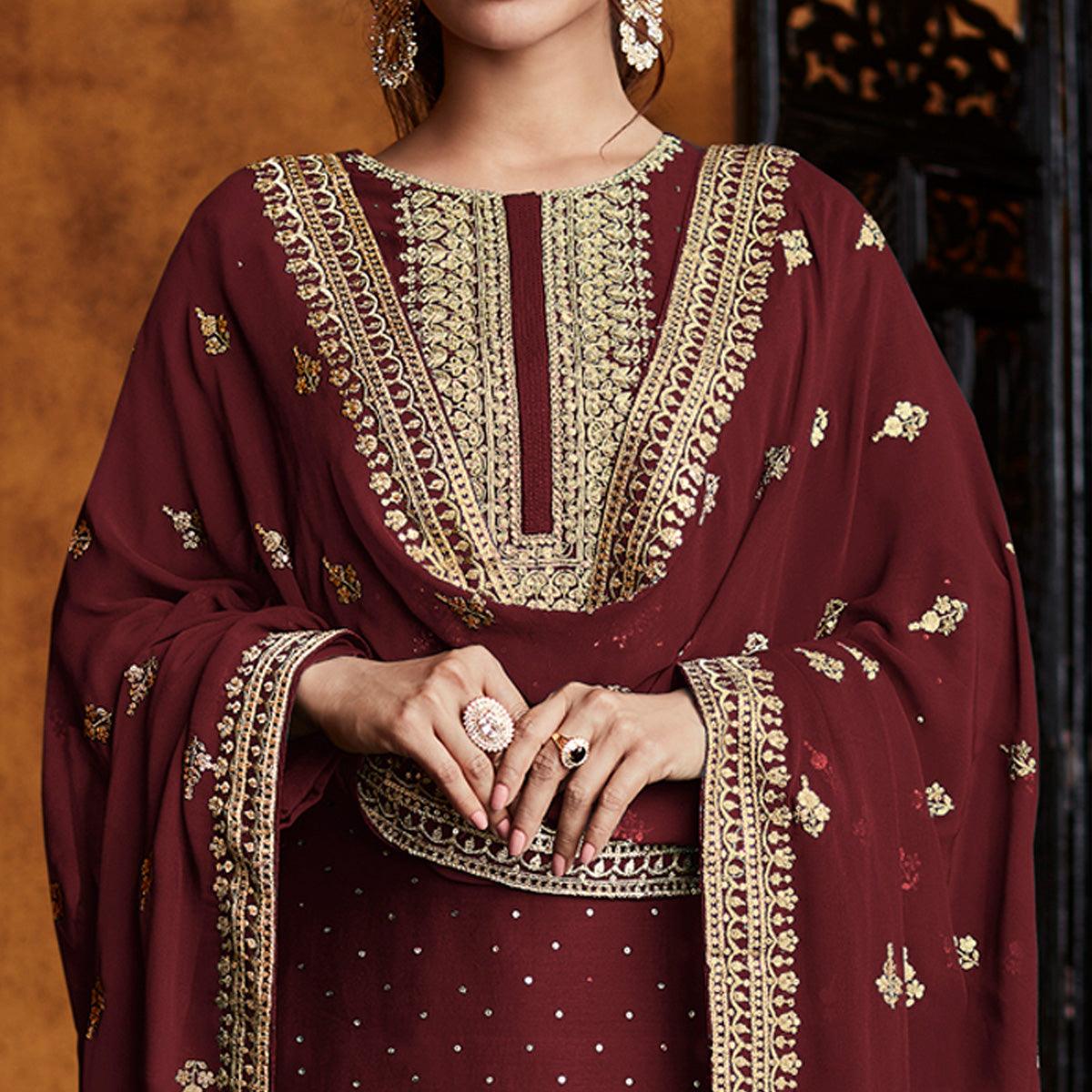 Maroon Partywear Sequence Embroidered Real Georgette Palazzo Suit - Peachmode