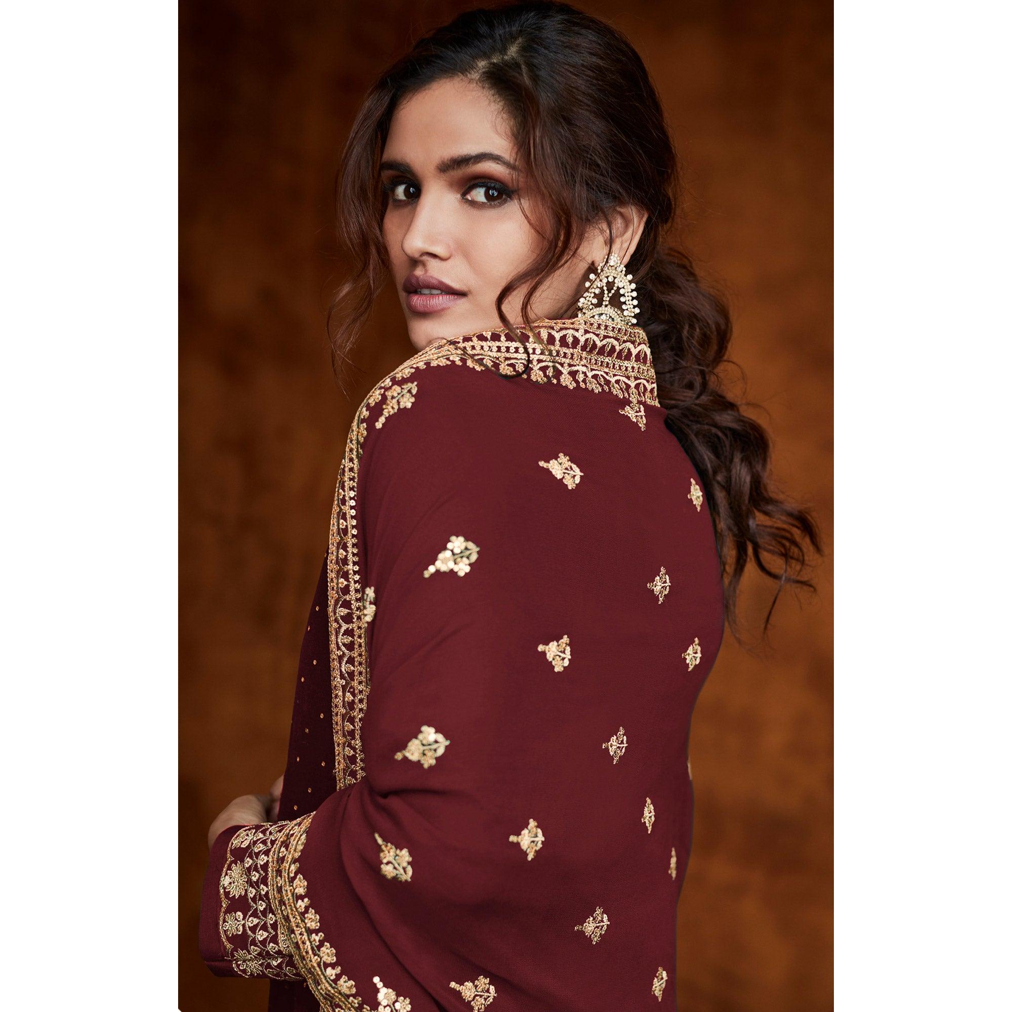 Maroon Partywear Sequence Embroidered Real Georgette Palazzo Suit - Peachmode