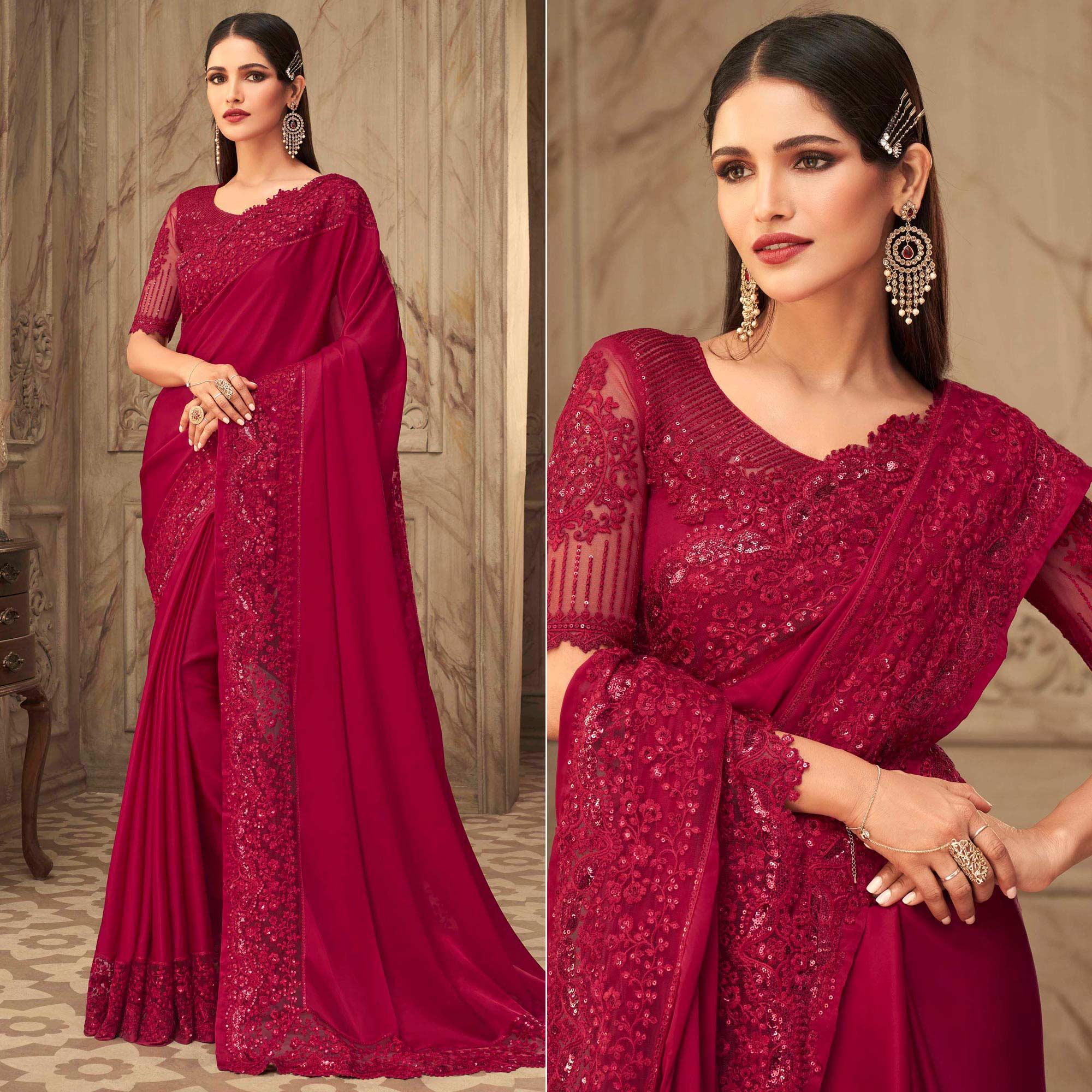 Maroon Partywear Sequence Embroidered Silk Saree - Peachmode