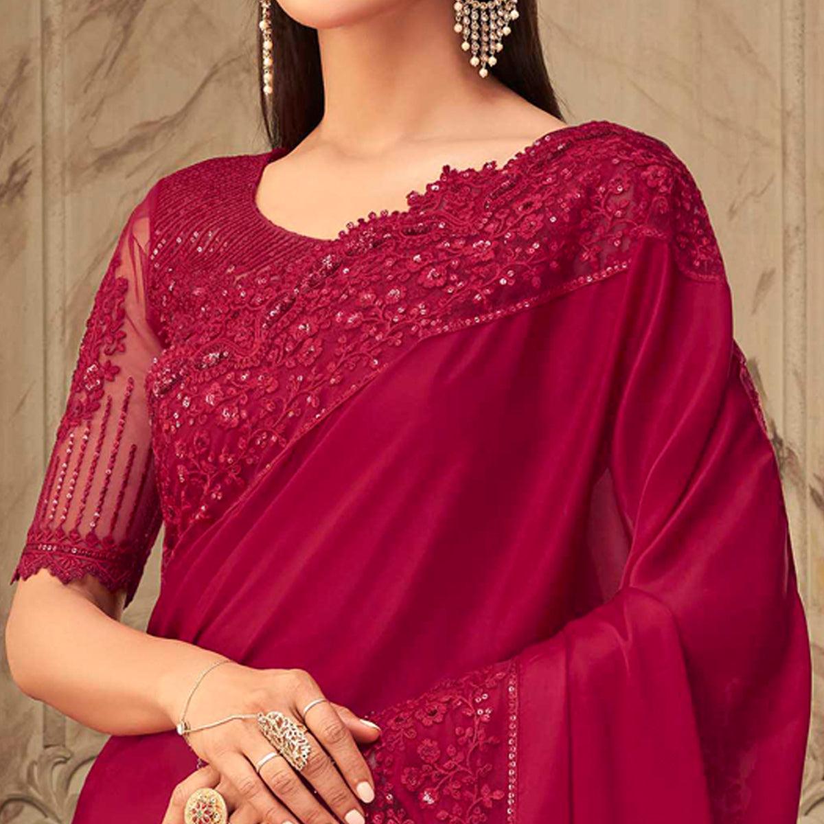 Maroon Partywear Sequence Embroidered Silk Saree - Peachmode