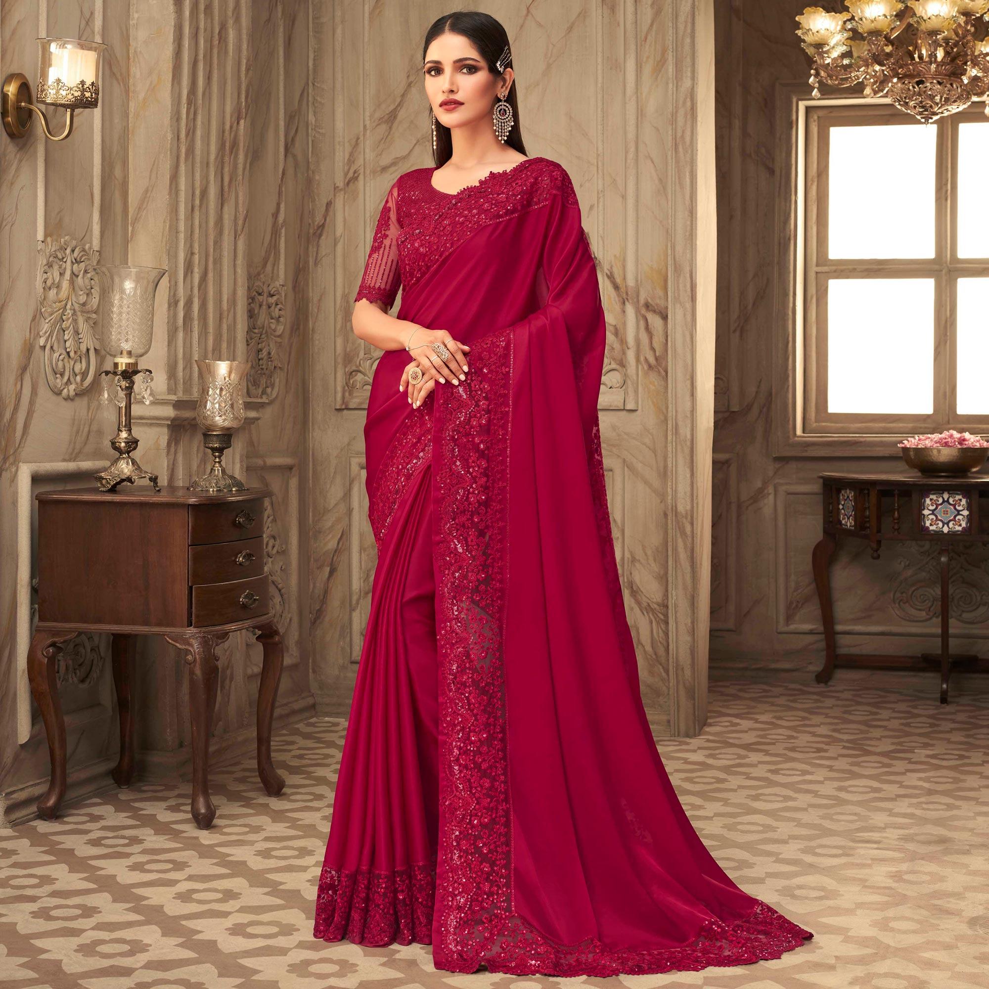 Maroon Partywear Sequence Embroidered Silk Saree - Peachmode