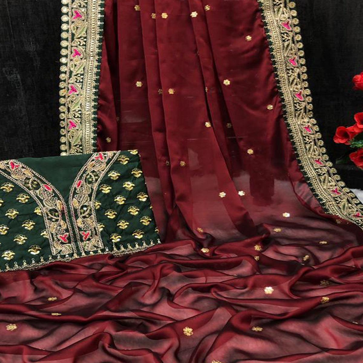 Maroon Partywear Sequence Work And Thread Work Two Tone Silk Saree - Peachmode