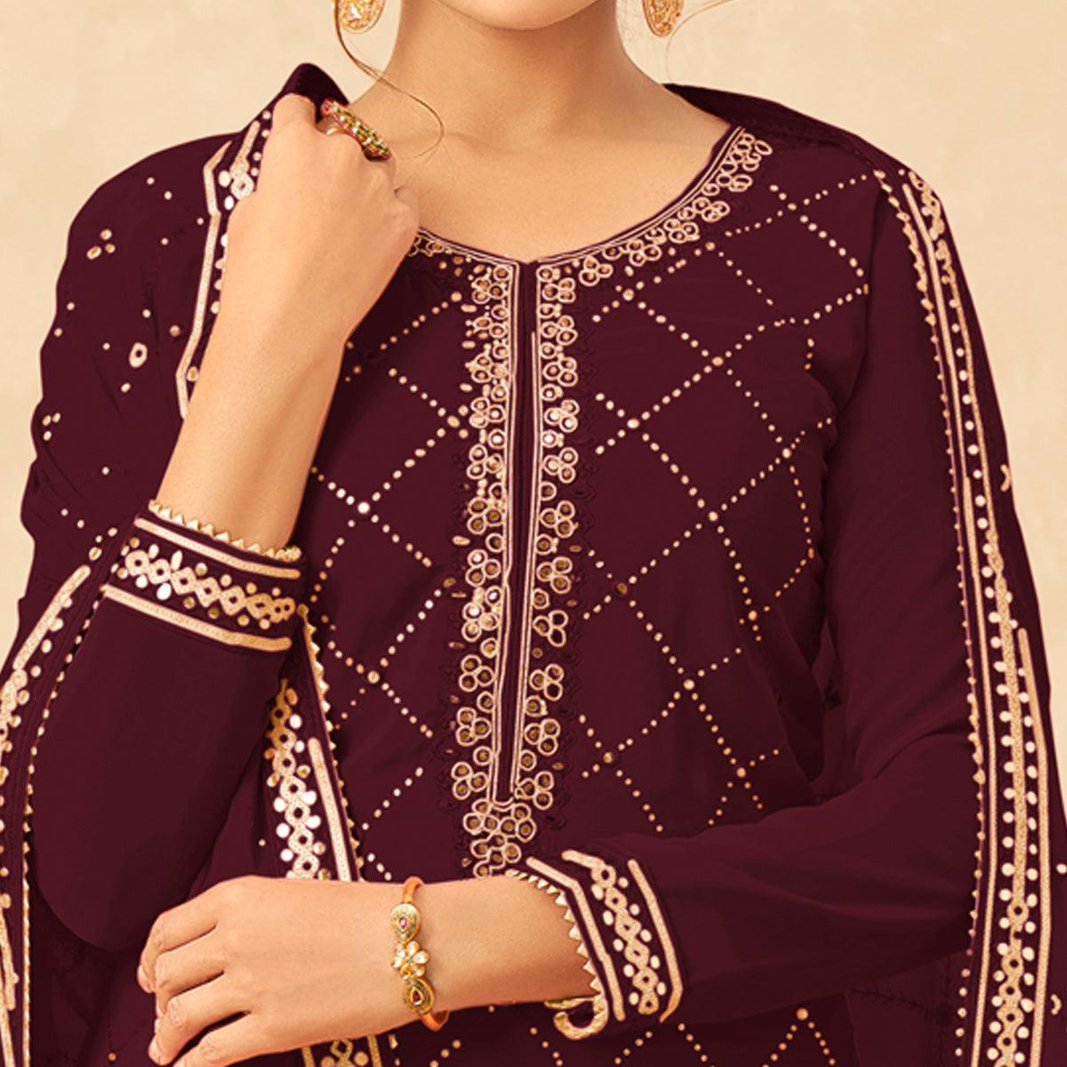 Maroon Partywear Sequence Work Real Georgette Palazzo Suit - Peachmode