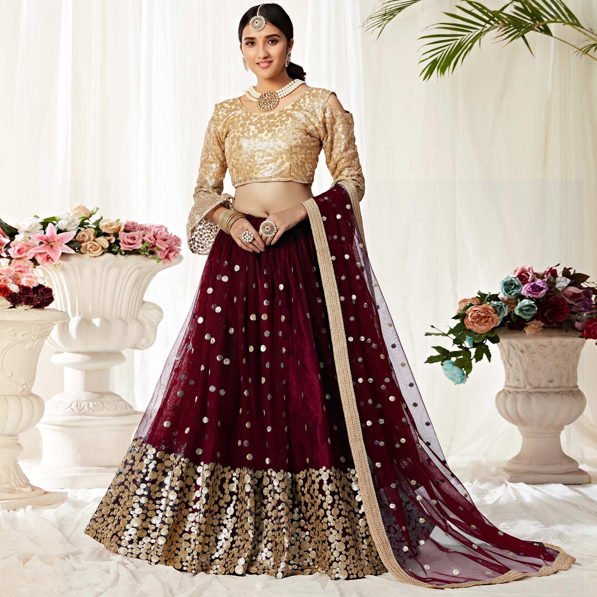 Maroon Partywear Sequined Embroidered Net Lehenga Choli - Peachmode