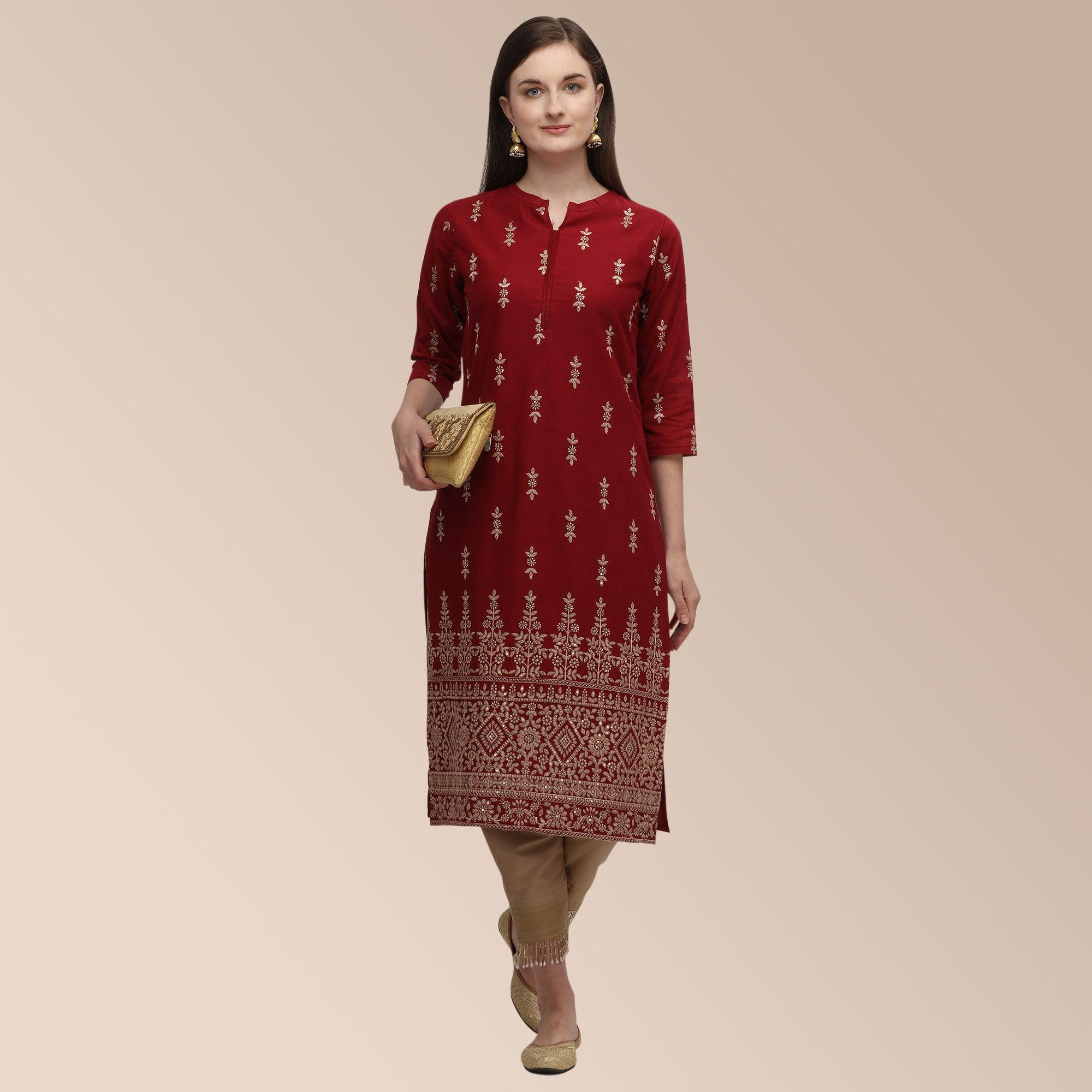 Maroon Partywear Woven Cotton Kurti Set - Peachmode