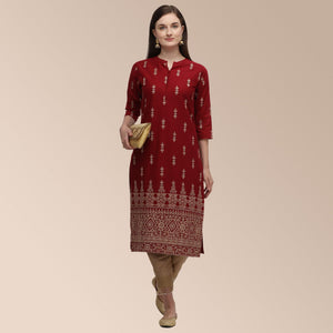 Maroon Partywear Woven Cotton Kurti Set - Peachmode