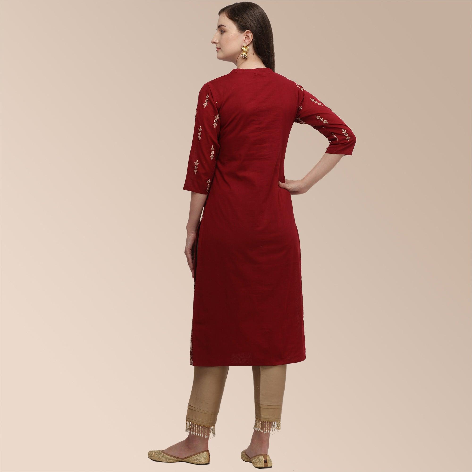 Maroon Partywear Woven Cotton Kurti Set - Peachmode