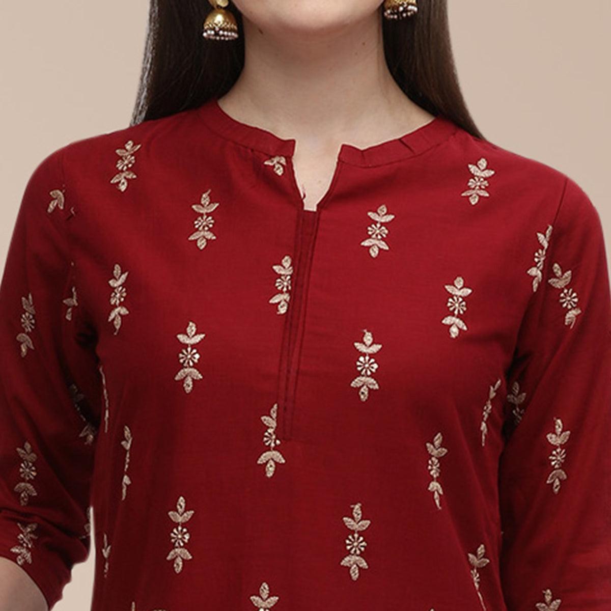 Maroon Partywear Woven Cotton Kurti Set - Peachmode