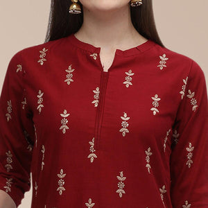 Maroon Partywear Woven Cotton Kurti Set - Peachmode