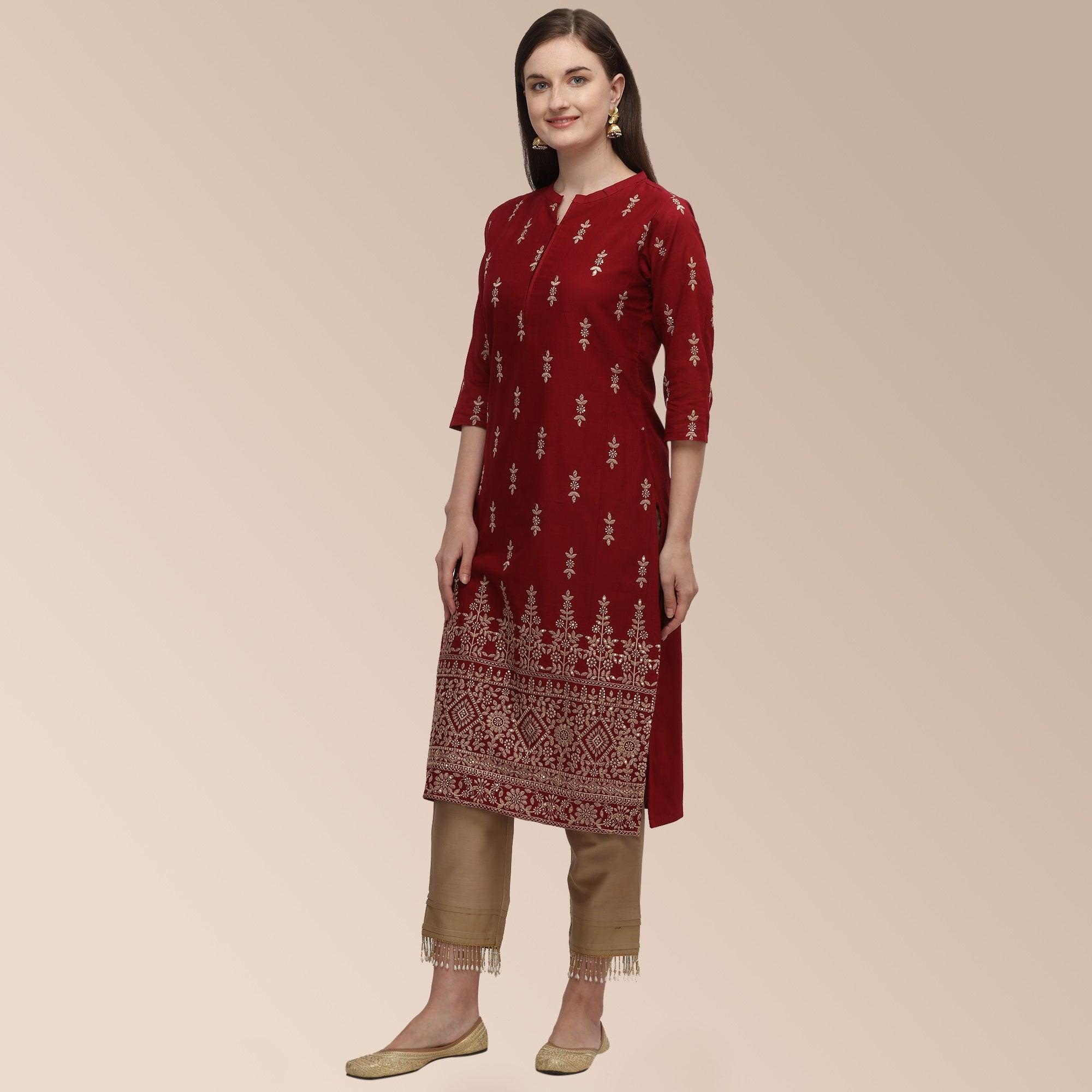 Maroon Partywear Woven Cotton Kurti Set - Peachmode