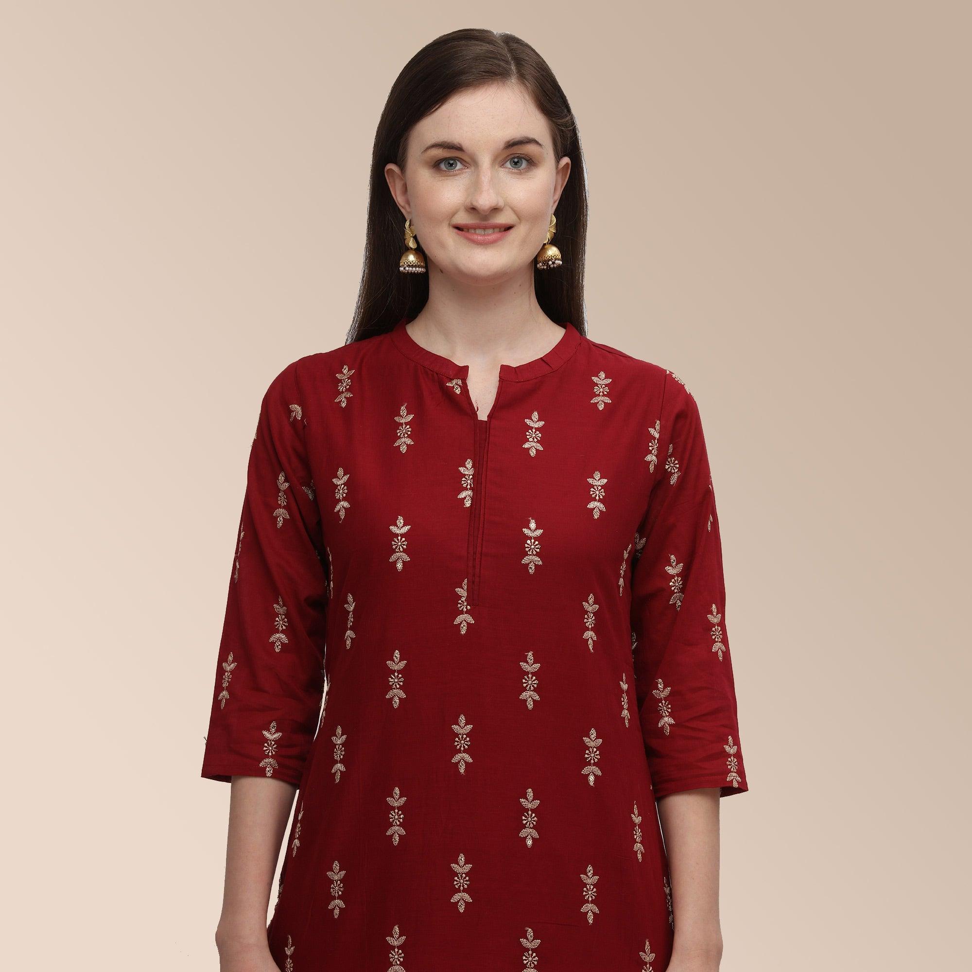 Maroon Partywear Woven Cotton Kurti Set - Peachmode